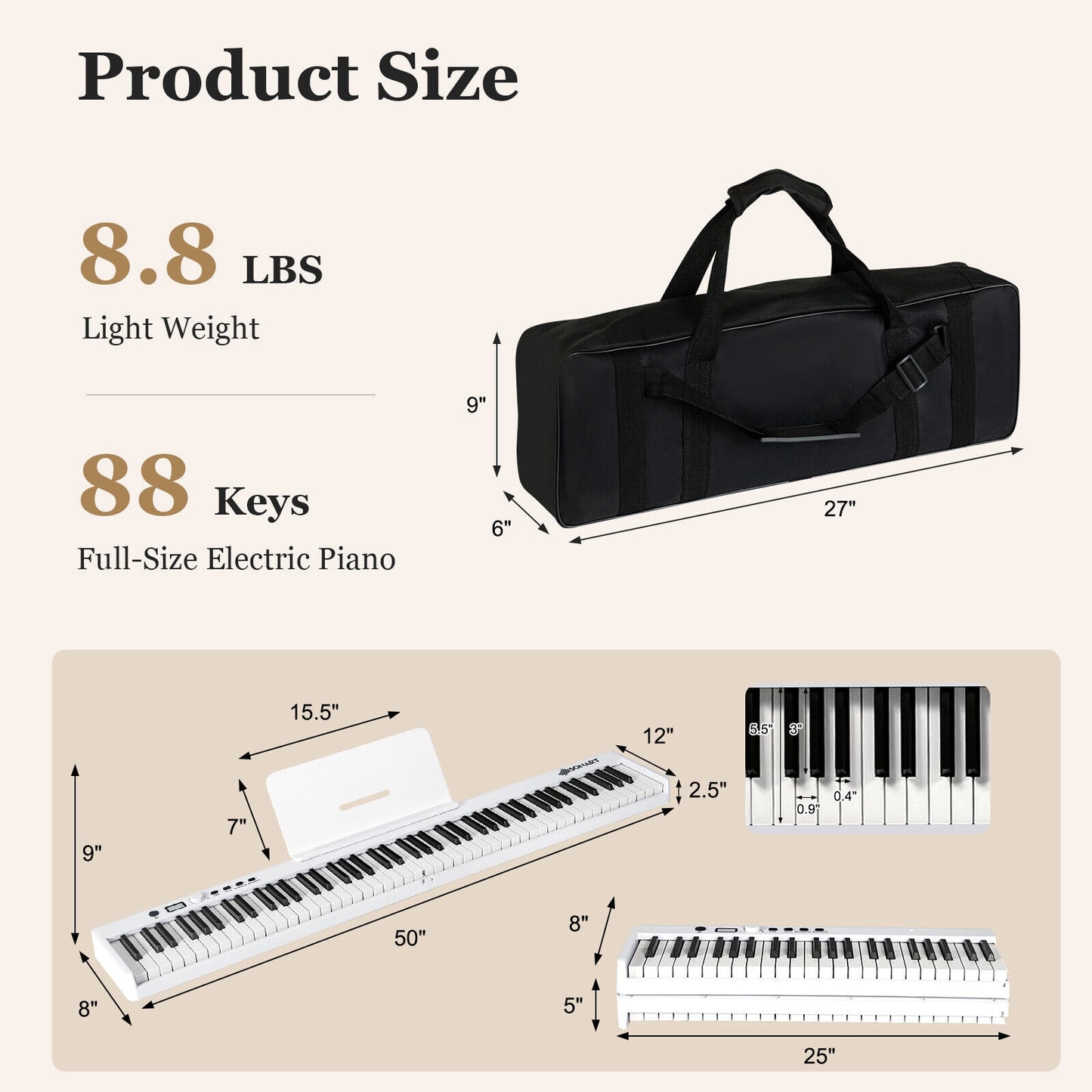 88-Key Folding Electric Lighted Piano Full-Size Portable Keyboard MIDI-White Kids Crystal