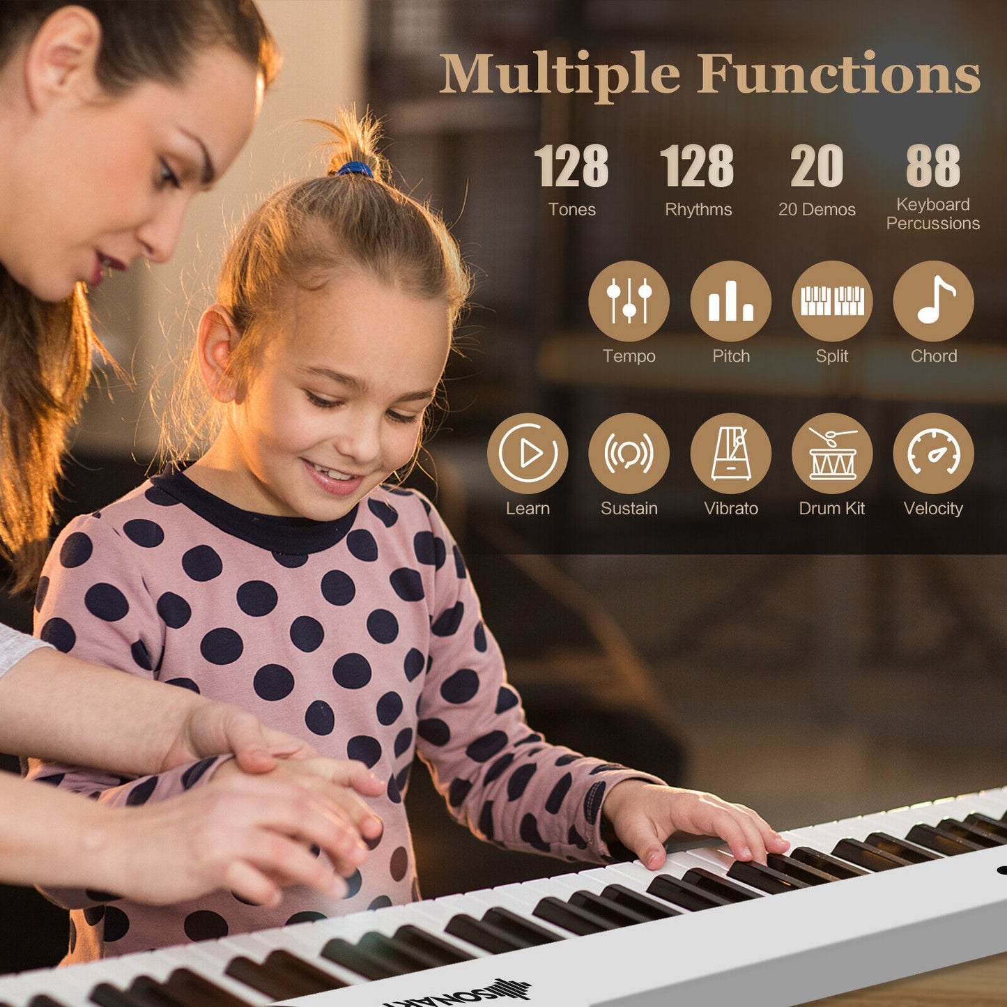 88-Key Folding Electric Lighted Piano Full-Size Portable Keyboard MIDI-White Kids Crystal