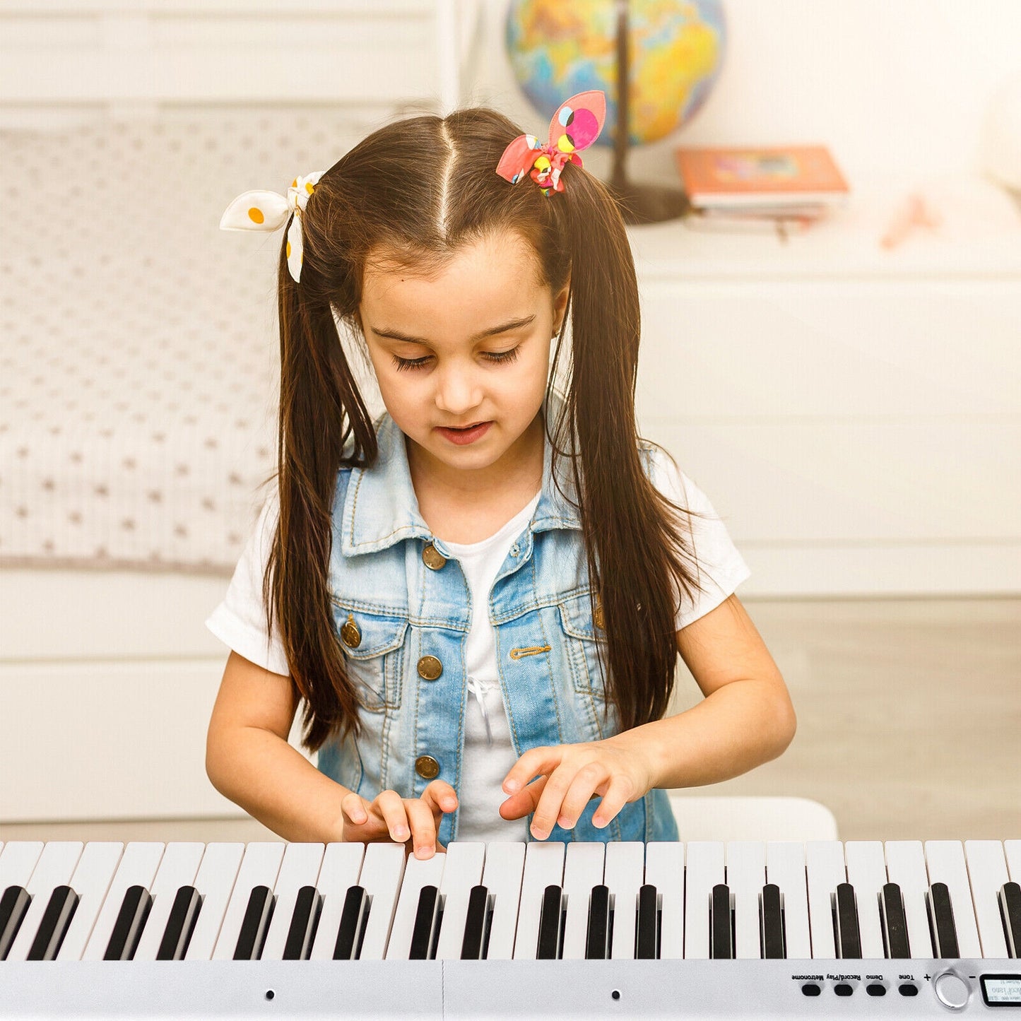 88-Key Folding Electric Lighted Piano Full-Size Portable Keyboard MIDI-White Kids Crystal