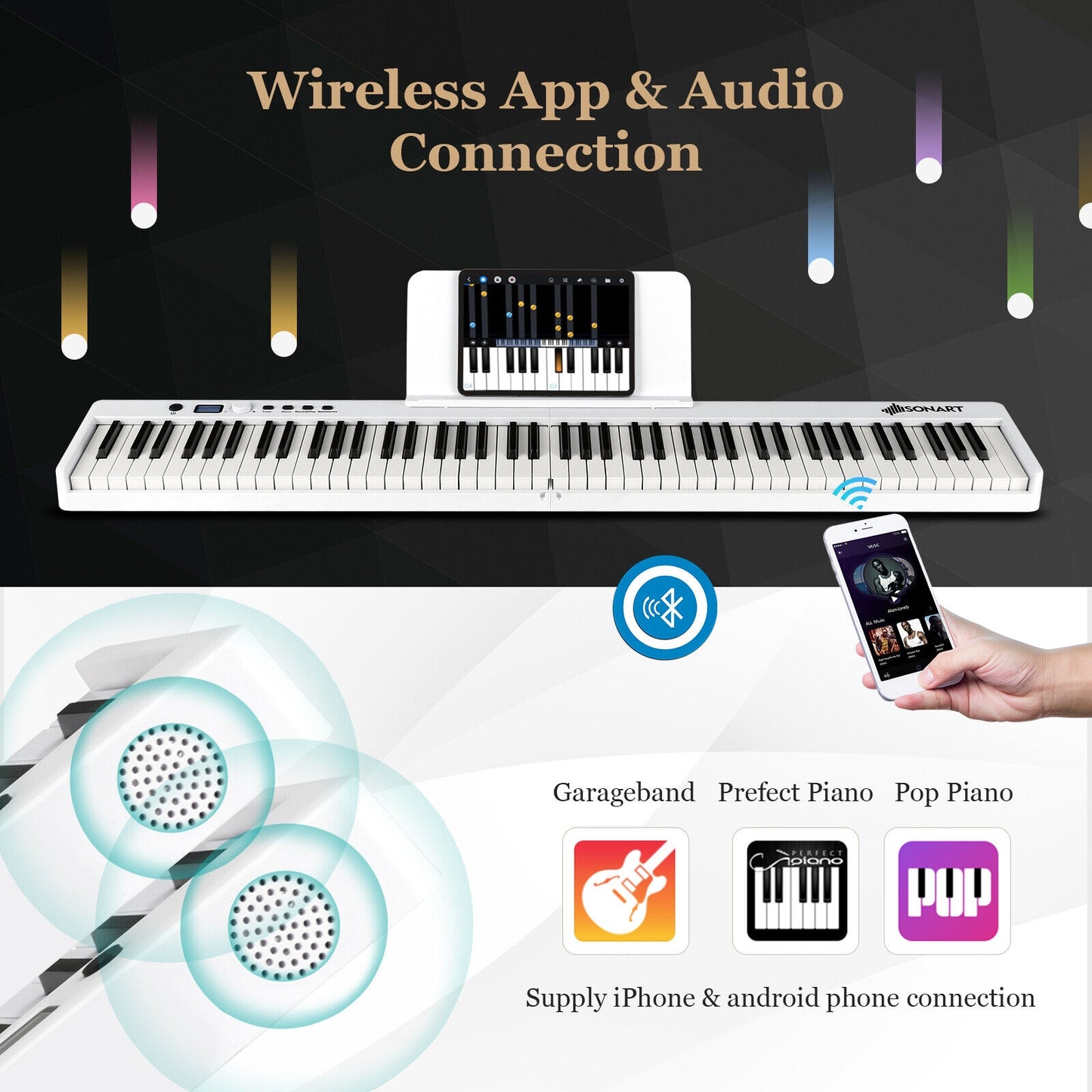 88-Key Folding Electric Lighted Piano Full-Size Portable Keyboard MIDI-White Kids Crystal