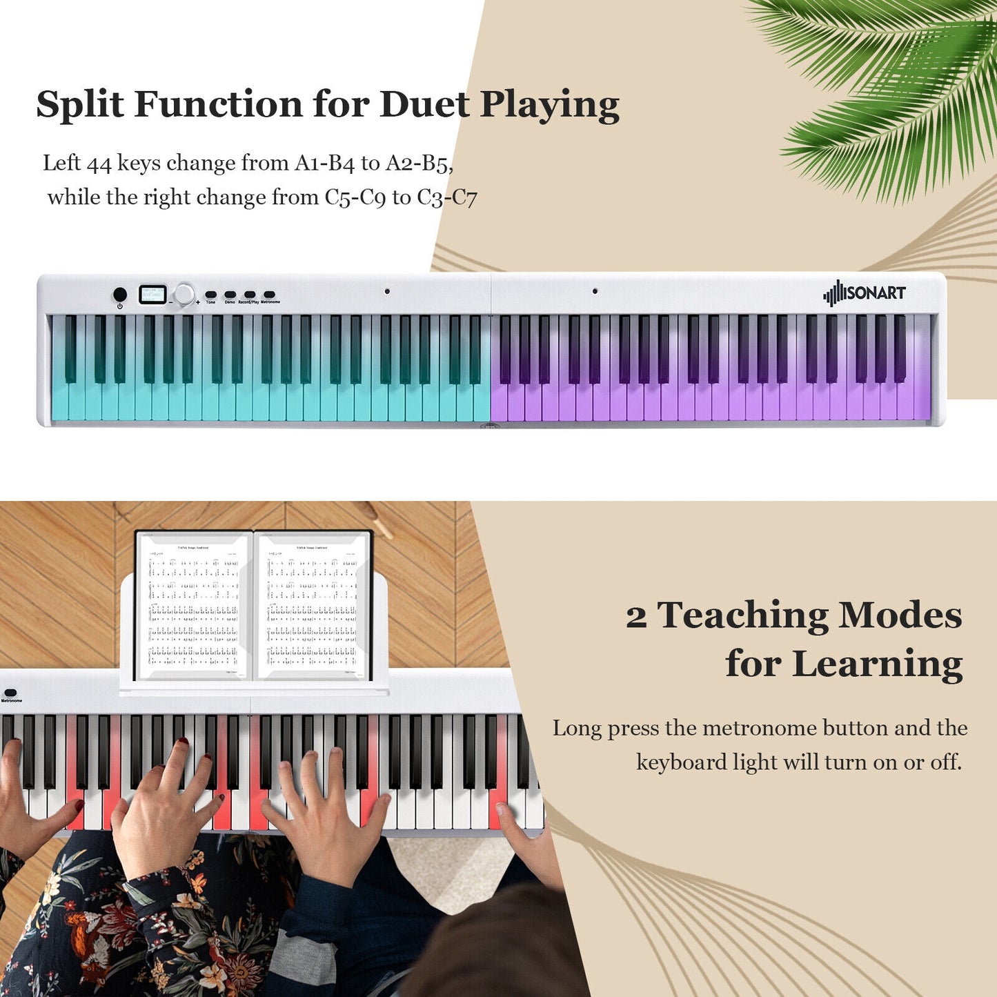 88-Key Folding Electric Lighted Piano Full-Size Portable Keyboard MIDI-White Kids Crystal