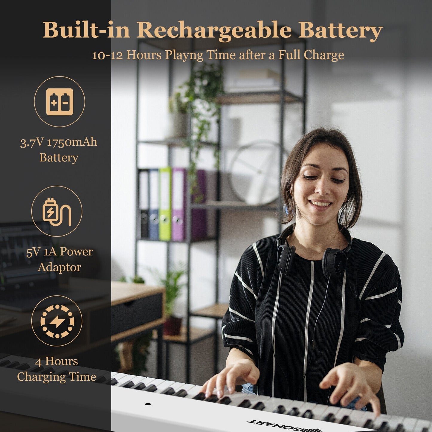 88-Key Folding Electric Lighted Piano Full-Size Portable Keyboard MIDI-White Kids Crystal