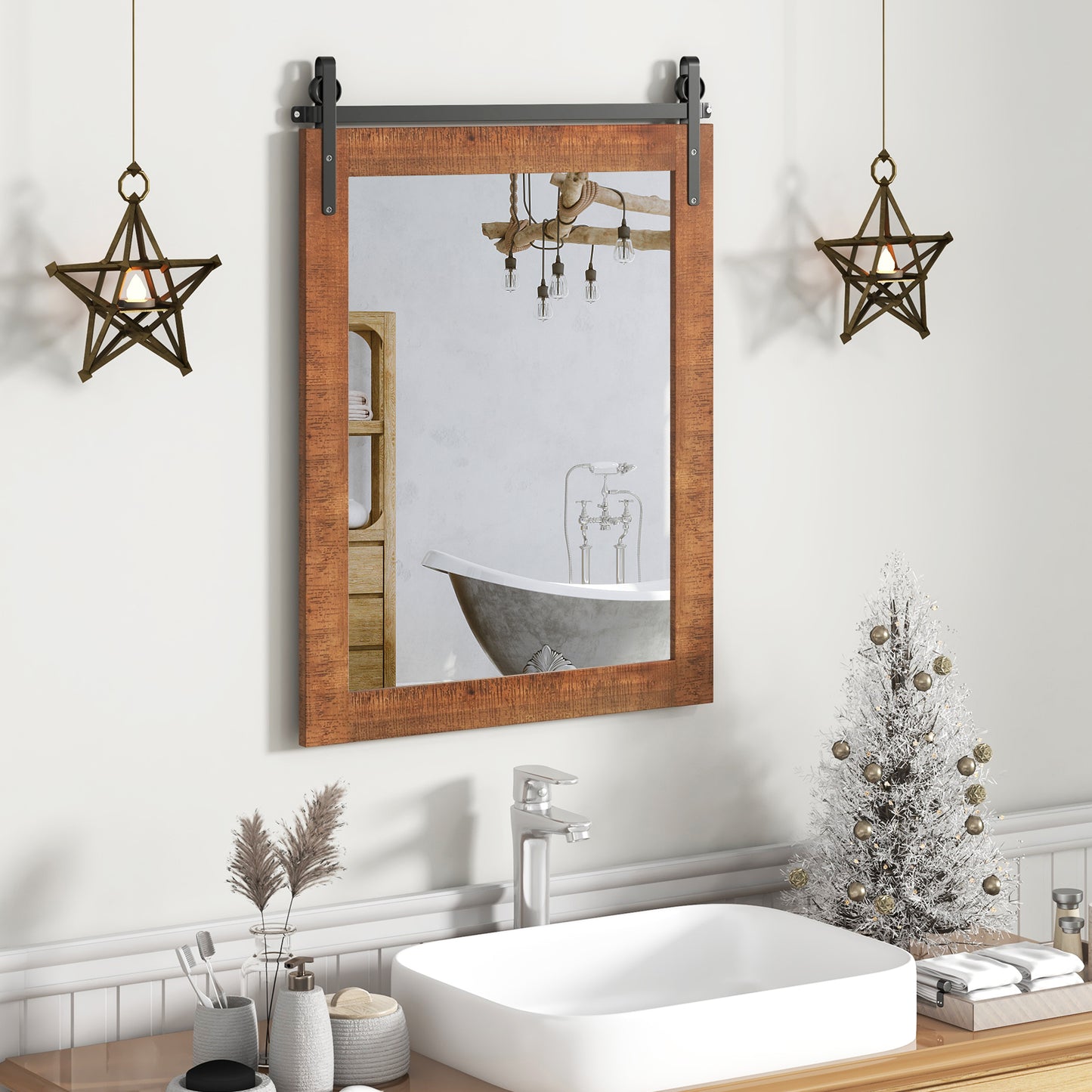 30 x 22 Inch Wall Mount Mirror with Wood Frame-Brown Kids Crystal