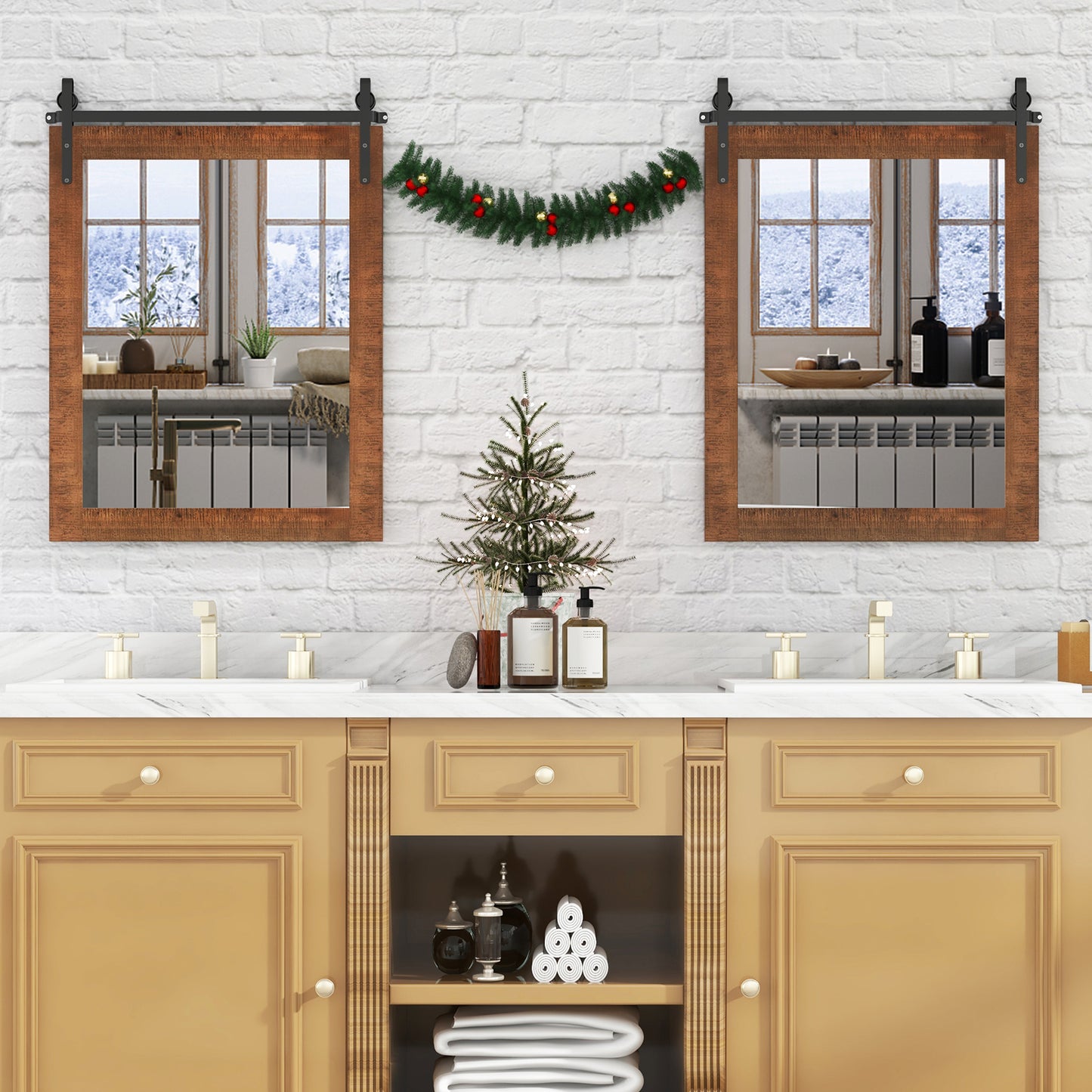 30 x 22 Inch Wall Mount Mirror with Wood Frame-Brown Kids Crystal