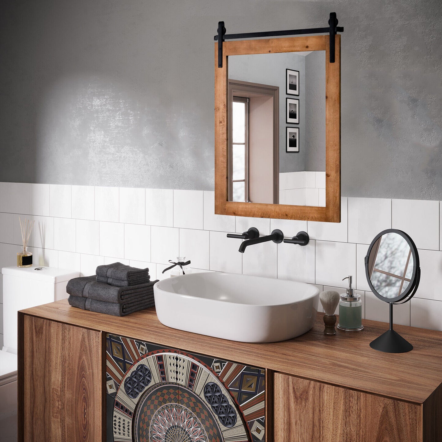 30 x 22 Inch Wall Mount Mirror with Wood Frame-Brown Kids Crystal