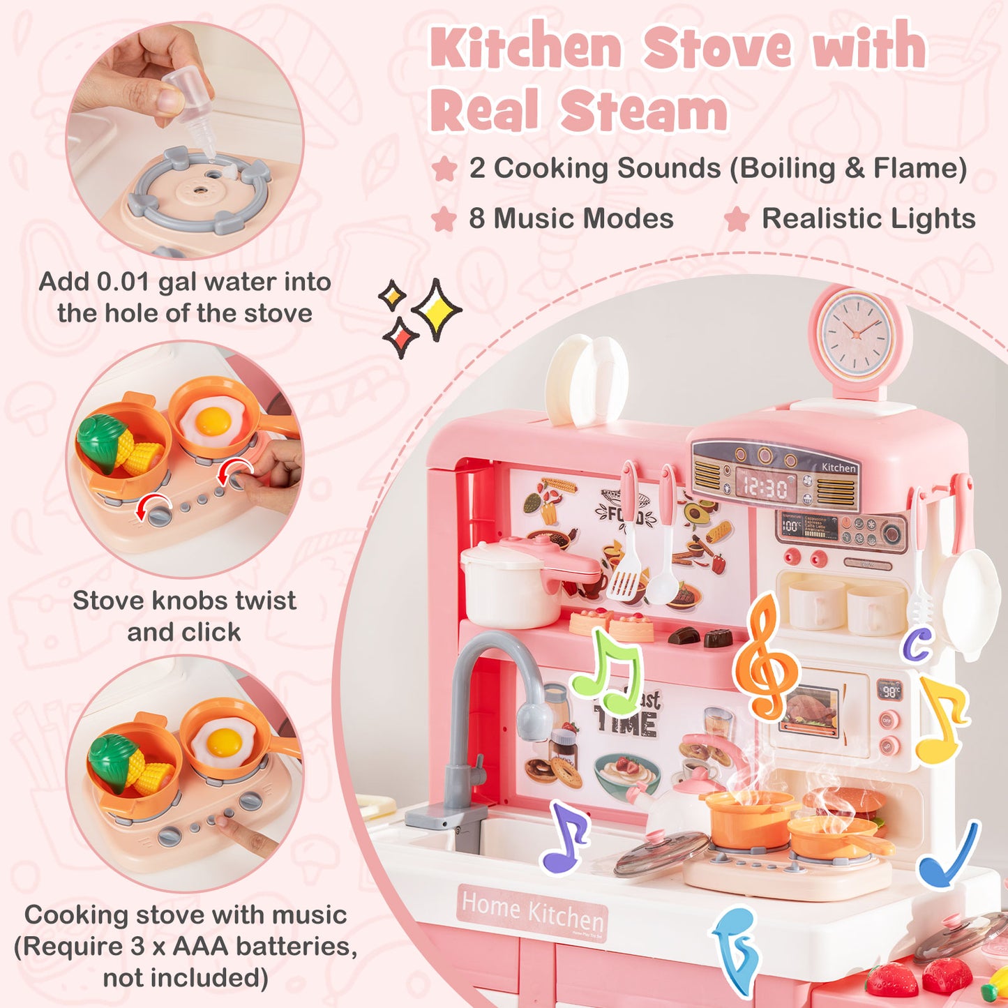 Kids Play Kitchen Toy with Stove Sink Oven with Light and Sound-Pink Kids Crystal