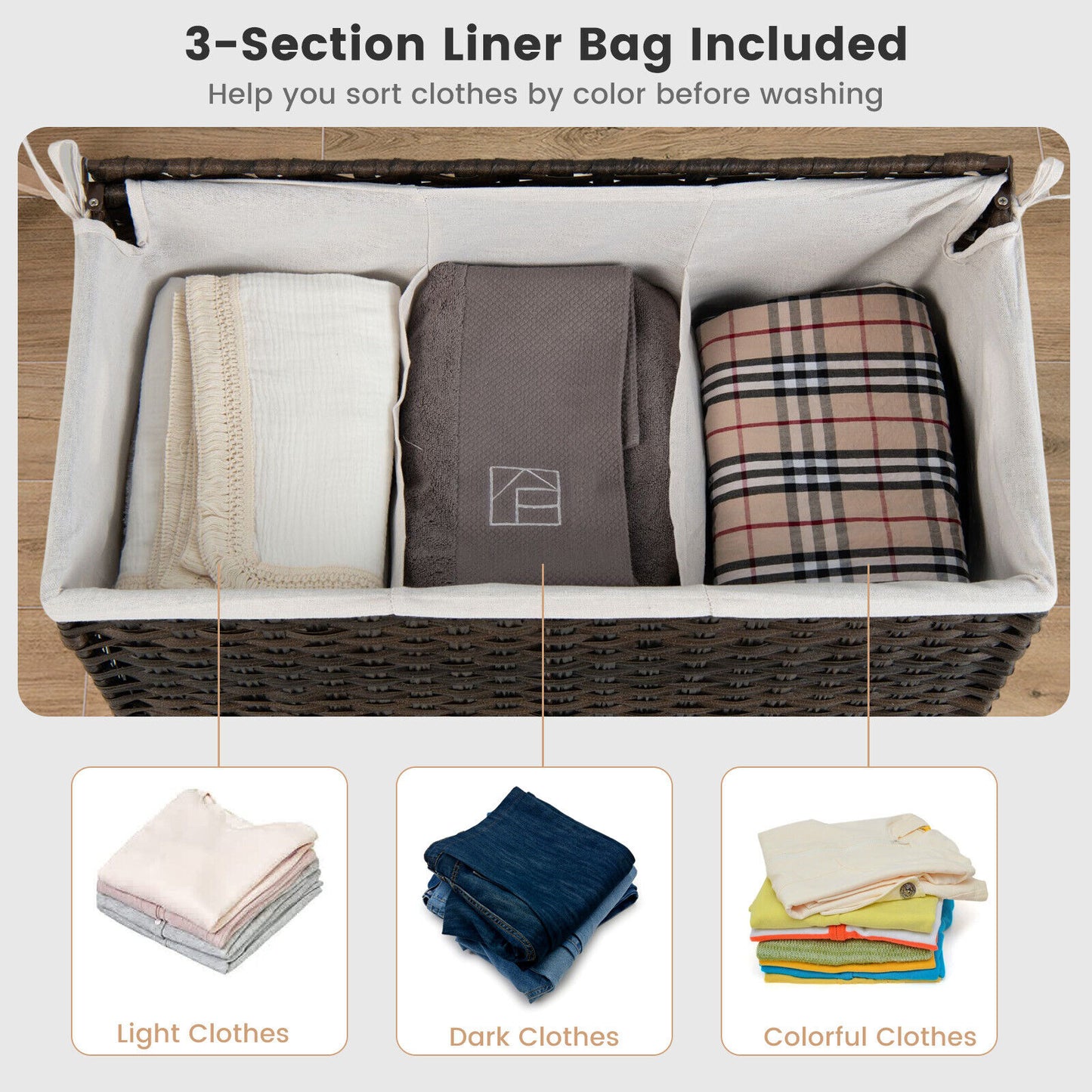 10L 3-Section Laundry Hamper with Liner Bag and Handle-Brown Kids Crystal