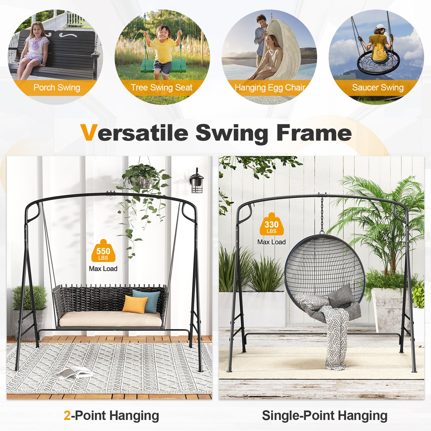 Outdoor Metal Swing Frame with Extra Side Bars-Black Kids Crystal