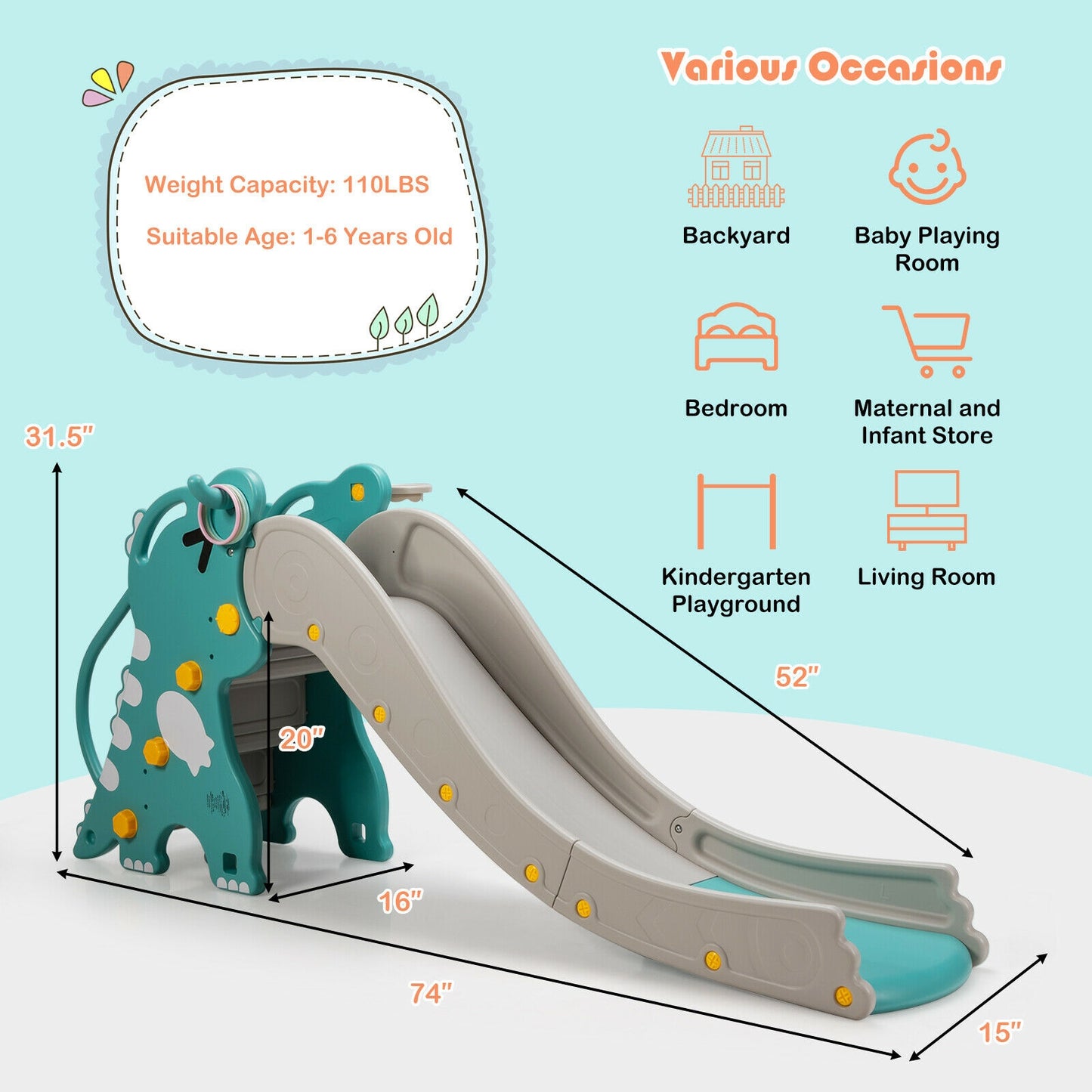 4-in-1 Kids Climber Slide Play Set with Basketball Hoop-Green Kids Crystal