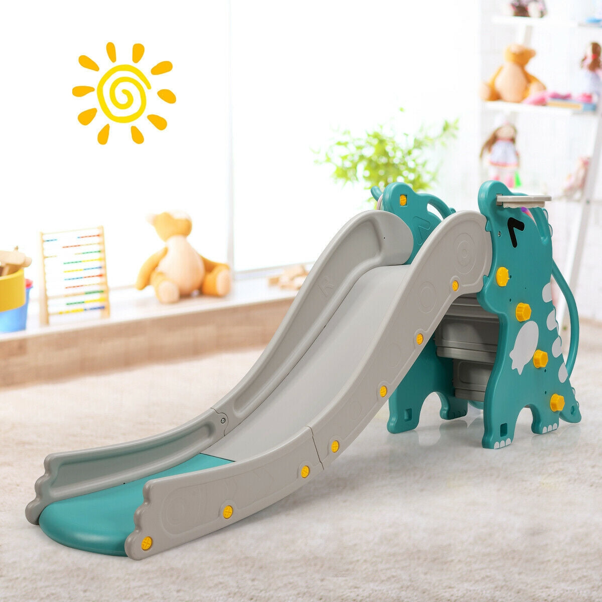 4-in-1 Kids Climber Slide Play Set with Basketball Hoop-Green Kids Crystal