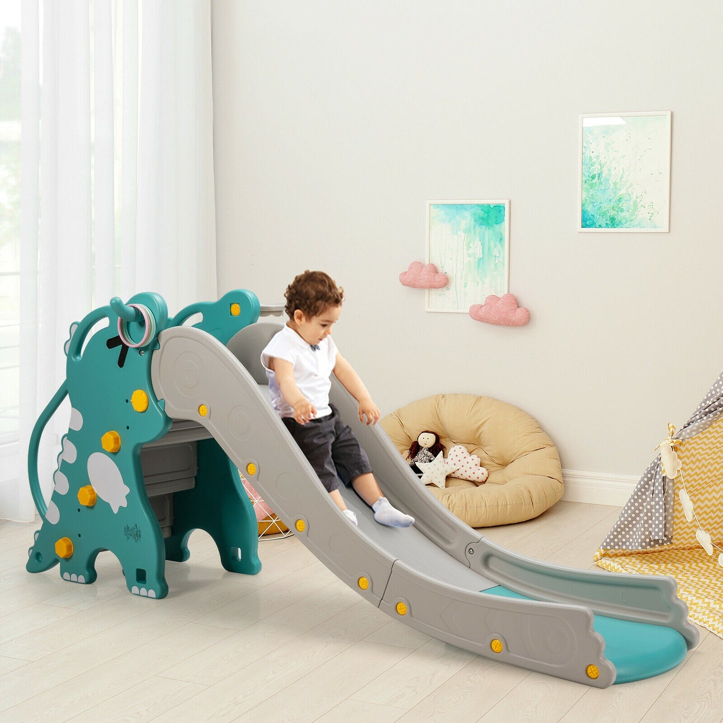 4-in-1 Kids Climber Slide Play Set with Basketball Hoop-Green Kids Crystal