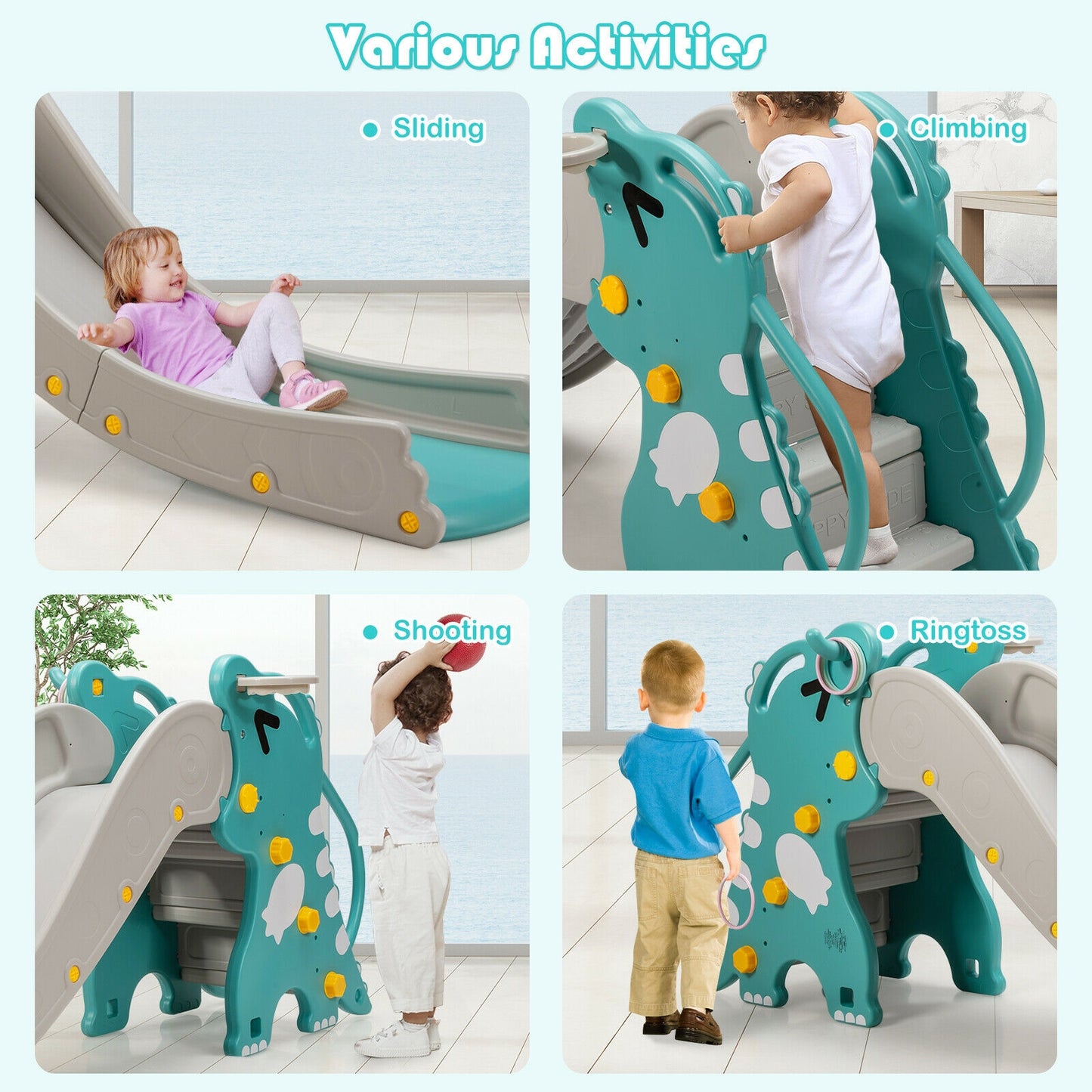 4-in-1 Kids Climber Slide Play Set with Basketball Hoop-Green Kids Crystal