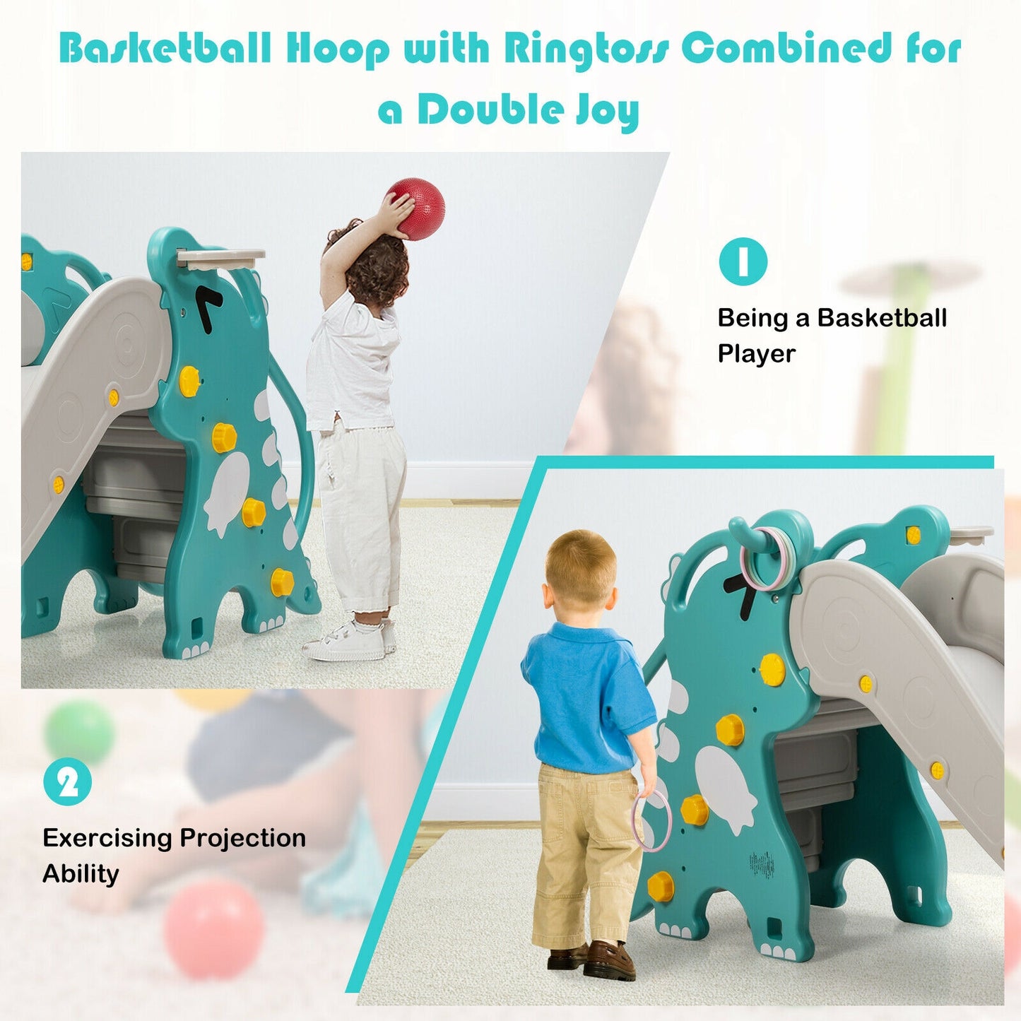 4-in-1 Kids Climber Slide Play Set with Basketball Hoop-Green Kids Crystal