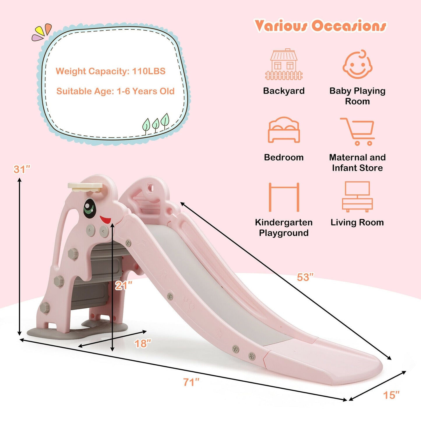 3-in-1 Kids Climber Slide Play Set with Basketball Hoop and Ball-Pink Kids Crystal
