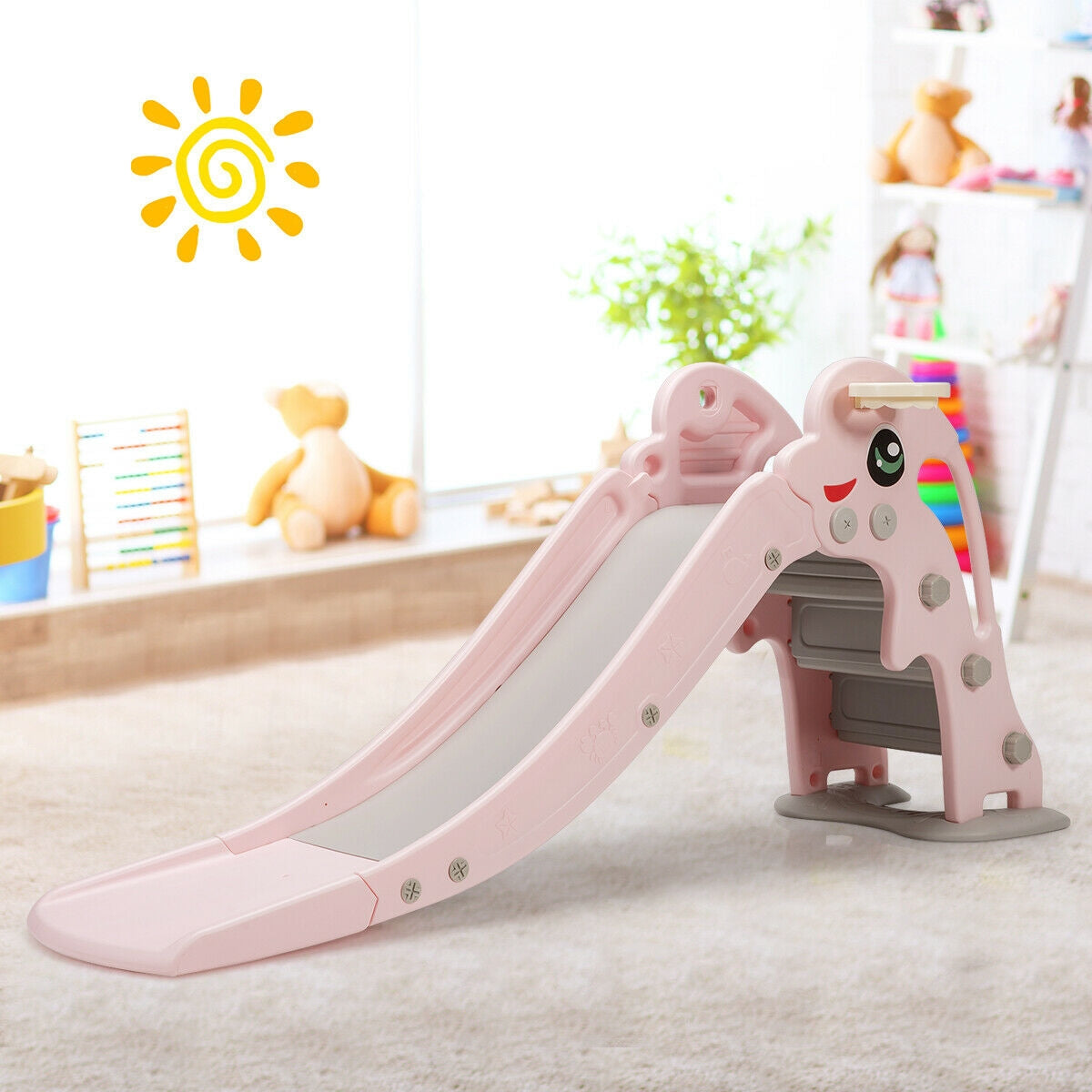3-in-1 Kids Climber Slide Play Set with Basketball Hoop and Ball-Pink Kids Crystal