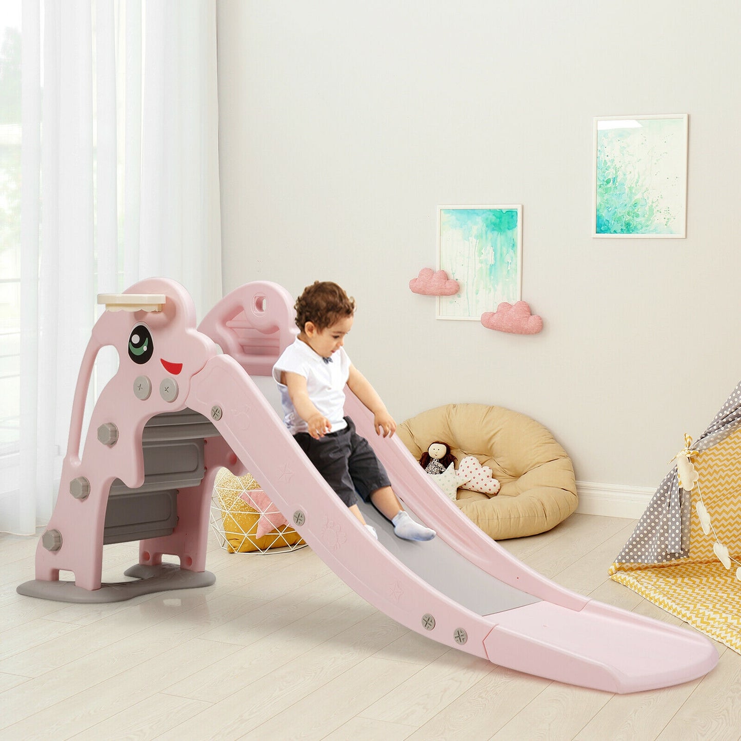3-in-1 Kids Climber Slide Play Set with Basketball Hoop and Ball-Pink Kids Crystal