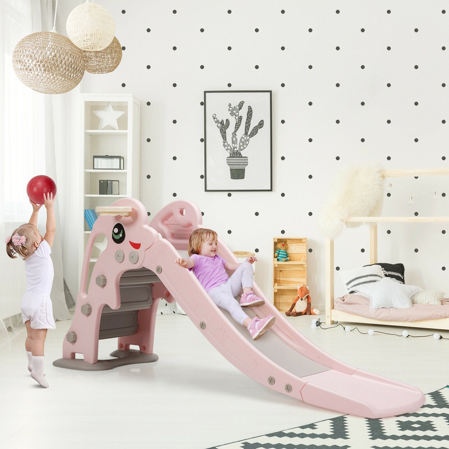 3-in-1 Kids Climber Slide Play Set with Basketball Hoop and Ball-Pink Kids Crystal