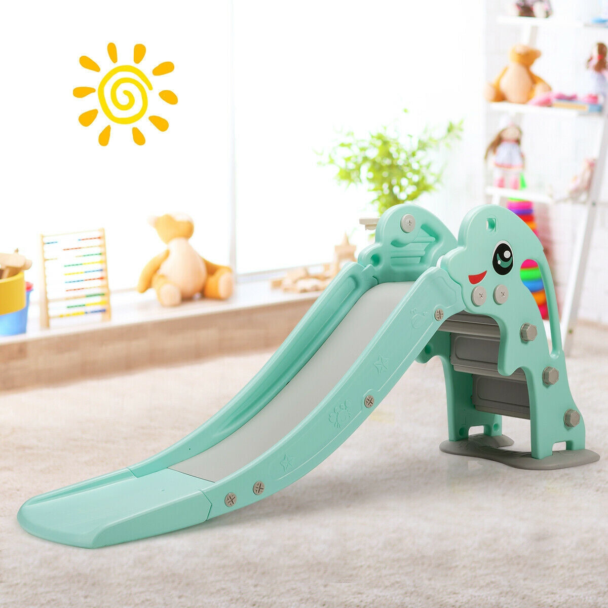 3-in-1 Kids Climber Slide Play Set with Basketball Hoop and Ball-Green Kids Crystal