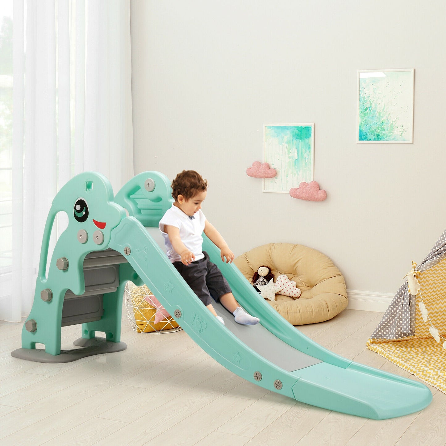 3-in-1 Kids Climber Slide Play Set with Basketball Hoop and Ball-Green Kids Crystal
