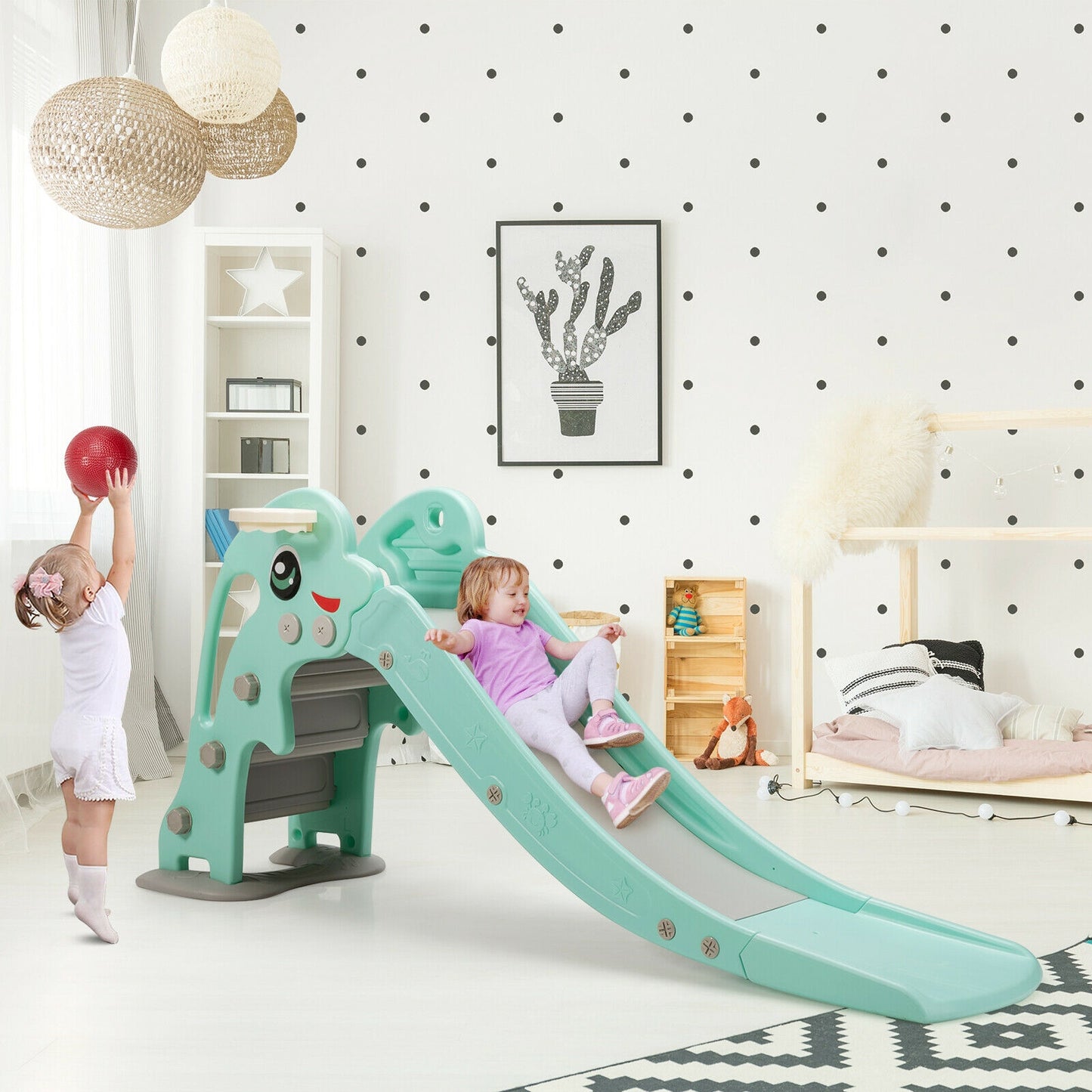 3-in-1 Kids Climber Slide Play Set with Basketball Hoop and Ball-Green Kids Crystal