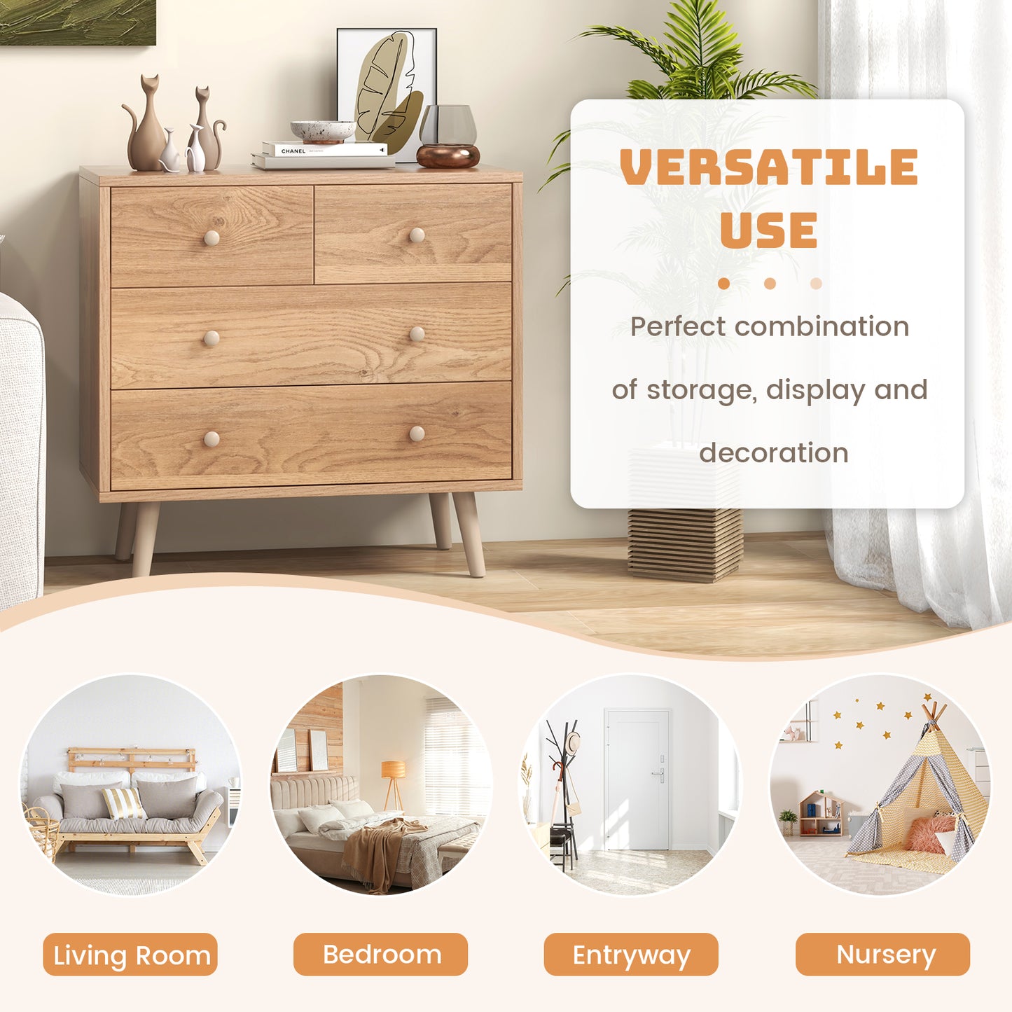 4-Drawer Dresser Cabinet Storage Organizer Rubber Leg with Rail-Oak Kids Crystal