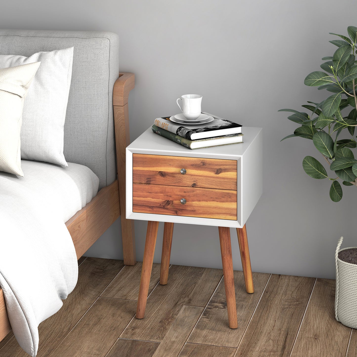 Wooden Nightstand Mid-Century End Side Table with 2 Storage Drawers-Brown Kids Crystal