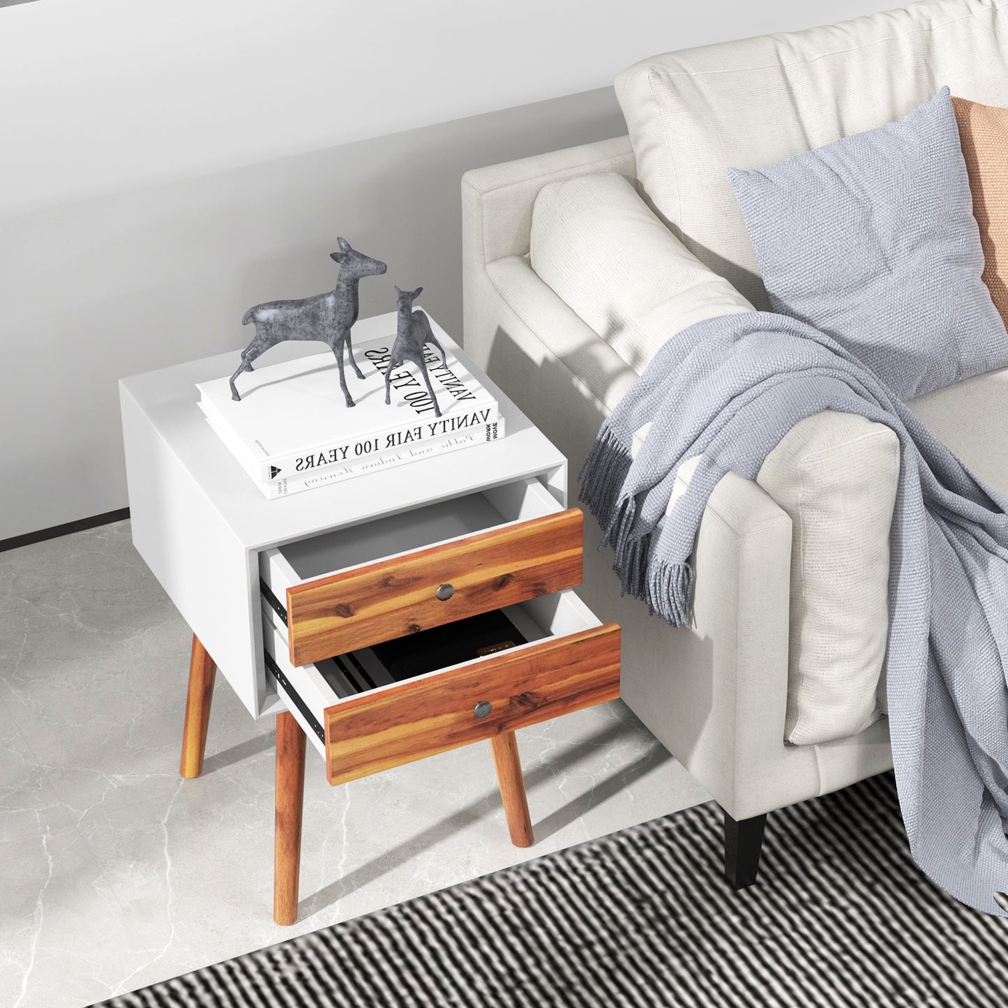 Wooden Nightstand Mid-Century End Side Table with 2 Storage Drawers-Brown Kids Crystal