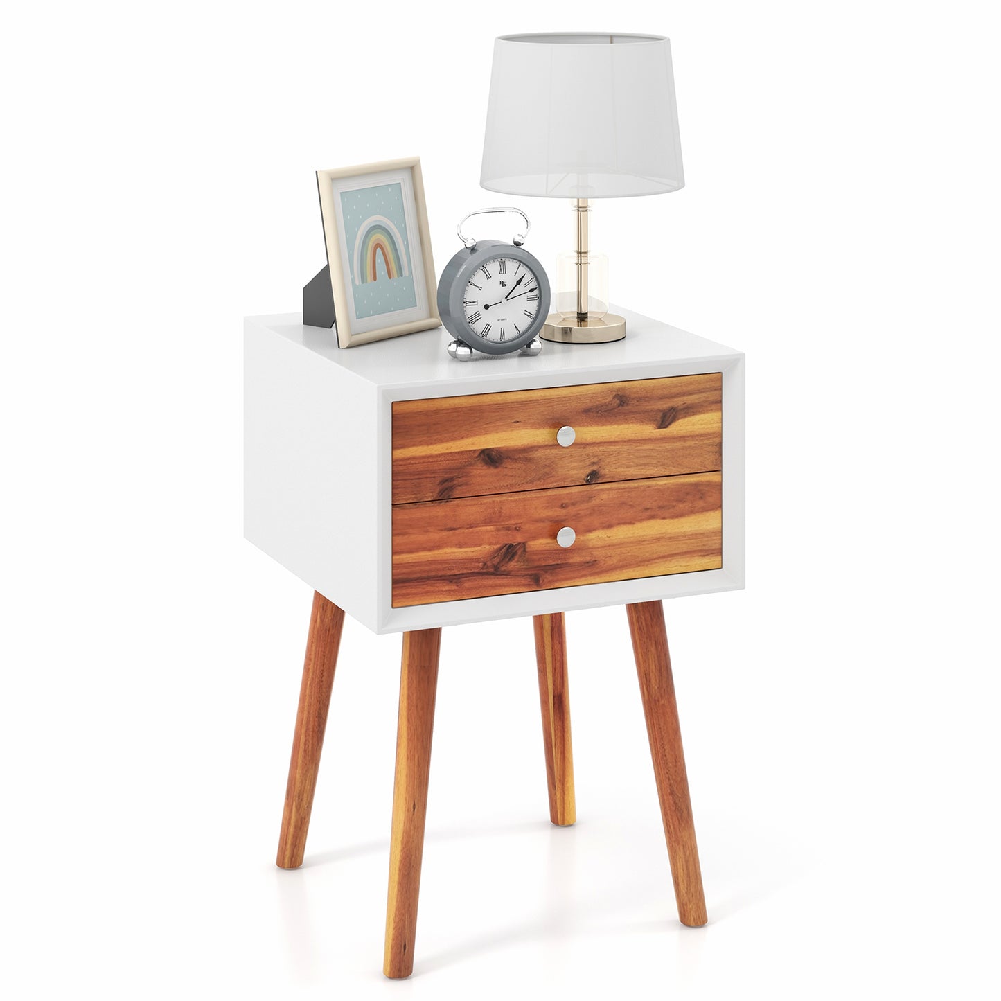 Wooden Nightstand Mid-Century End Side Table with 2 Storage Drawers-Brown Kids Crystal