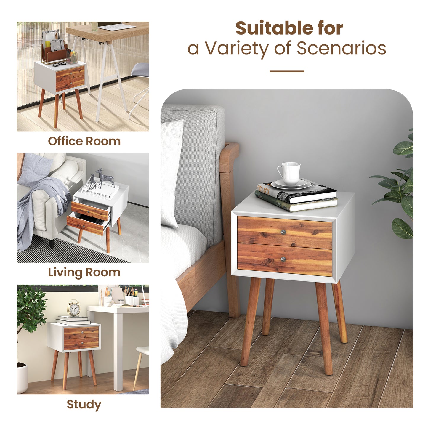 Wooden Nightstand Mid-Century End Side Table with 2 Storage Drawers-Brown Kids Crystal