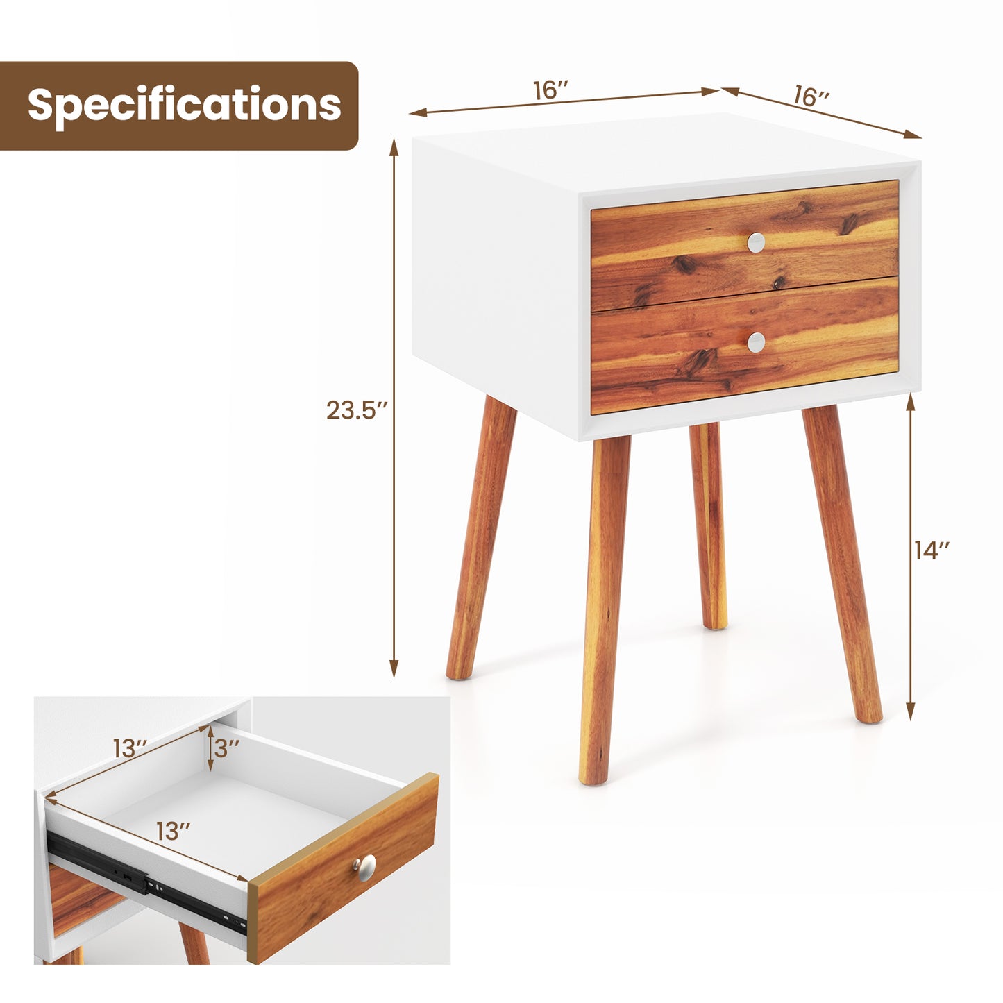 Wooden Nightstand Mid-Century End Side Table with 2 Storage Drawers-Brown Kids Crystal