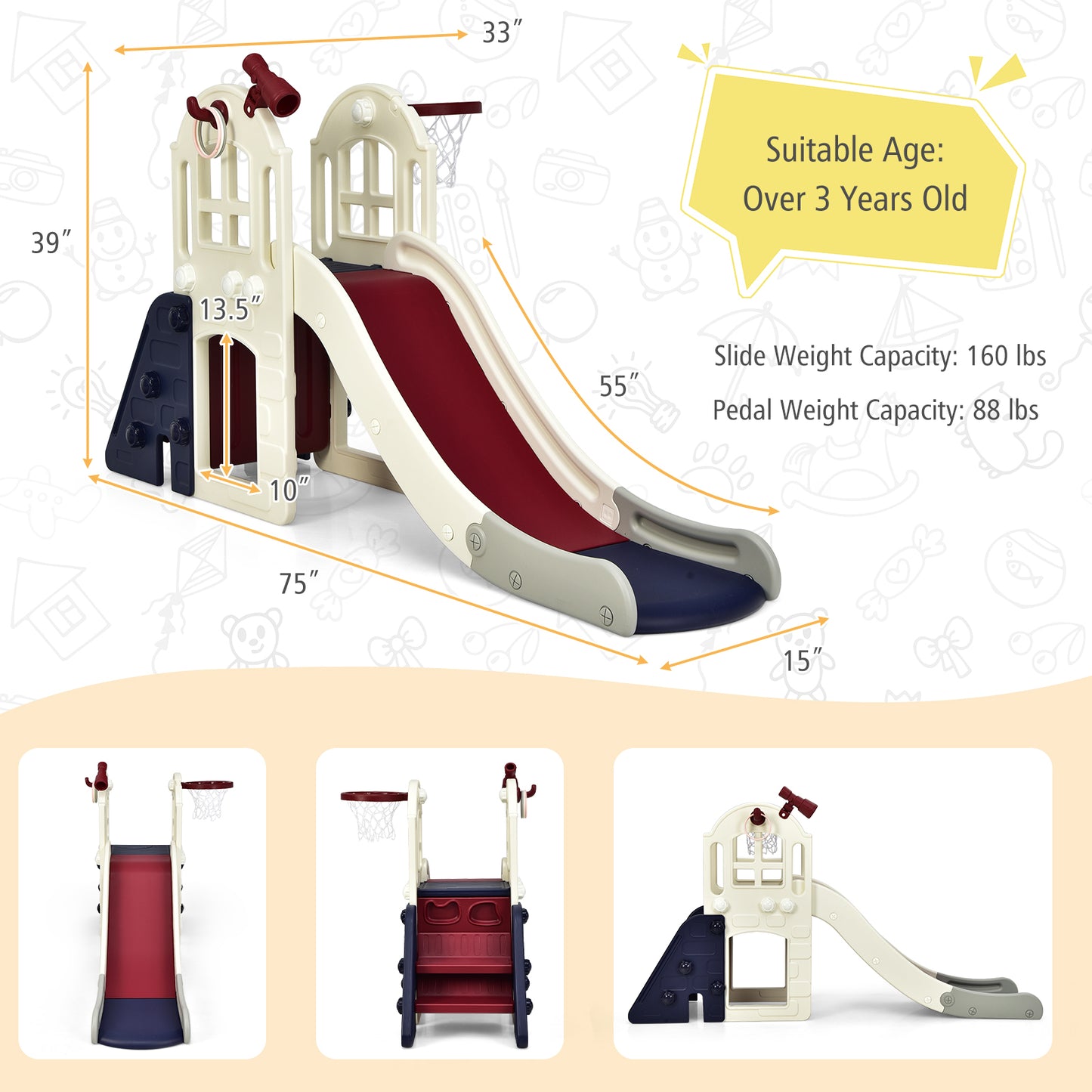 6-In-1 Large Slide for Kids Toddler Climber Slide Playset with Basketball Hoop-Blue Kids Crystal