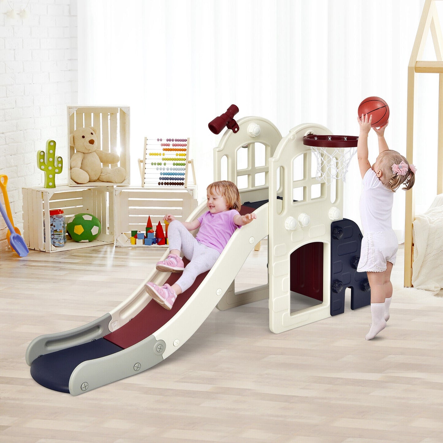 6-In-1 Large Slide for Kids Toddler Climber Slide Playset with Basketball Hoop-Blue Kids Crystal