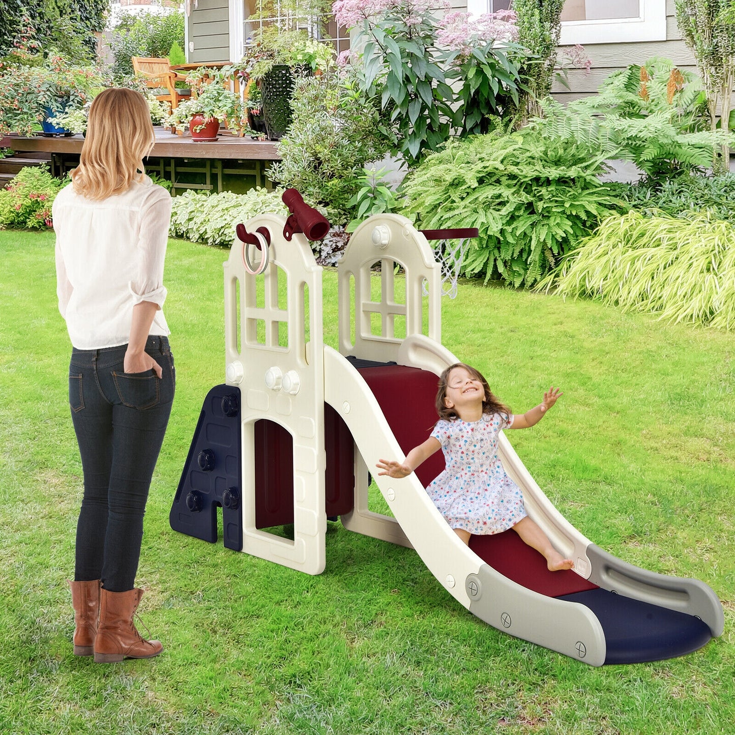 6-In-1 Large Slide for Kids Toddler Climber Slide Playset with Basketball Hoop-Blue Kids Crystal