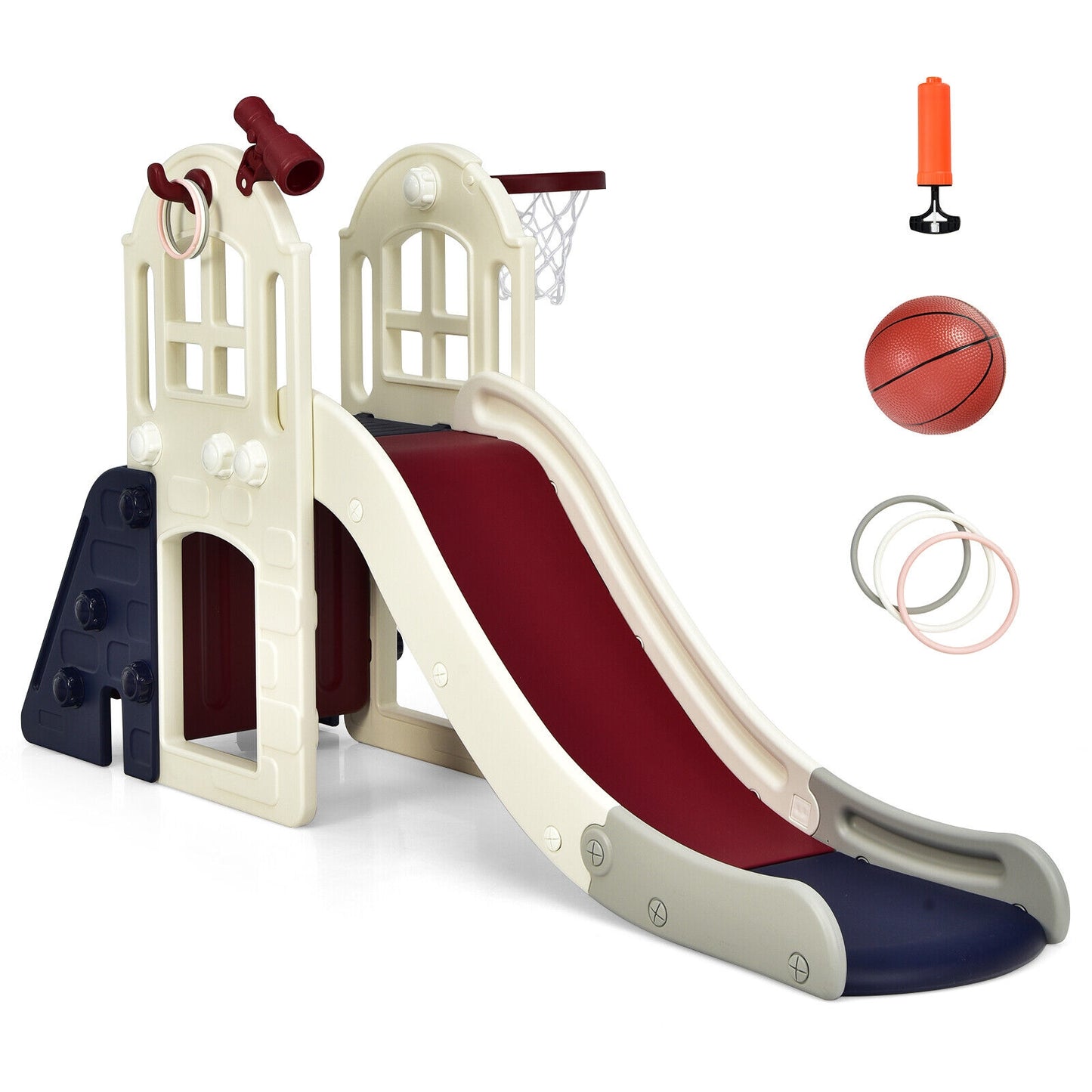 6-In-1 Large Slide for Kids Toddler Climber Slide Playset with Basketball Hoop-Blue Kids Crystal