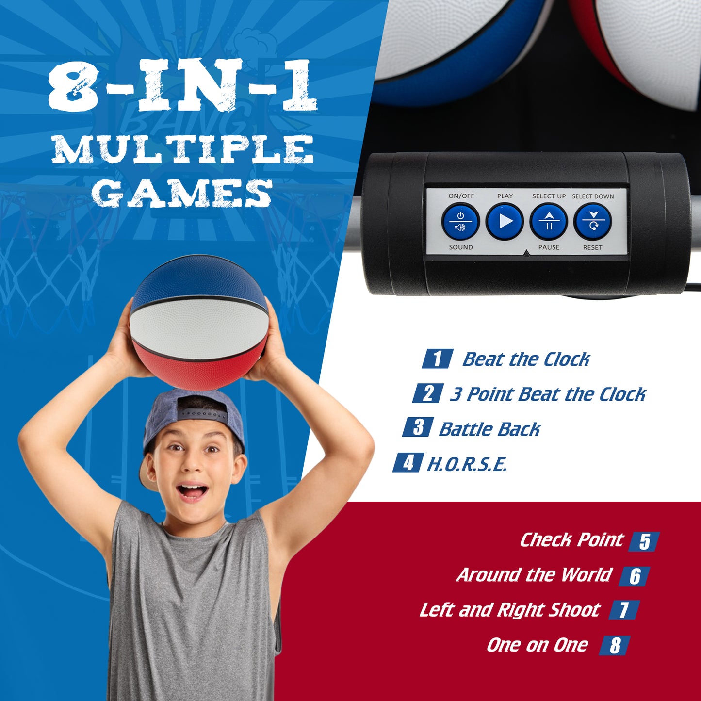 Dual Shot Basketball Arcade Game with 8 Game Modes and 4 Balls-Red Kids Crystal