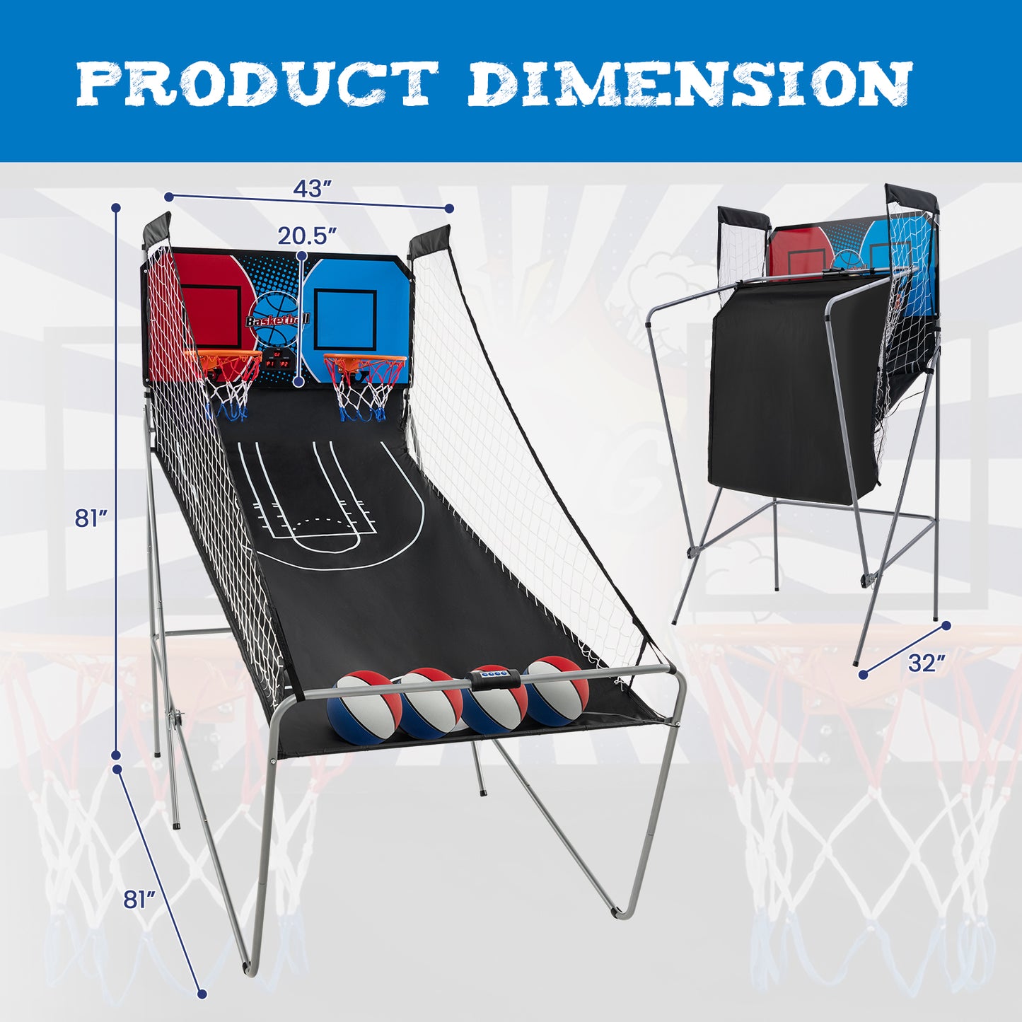 Dual Shot Basketball Arcade Game with 8 Game Modes and 4 Balls-Red Kids Crystal
