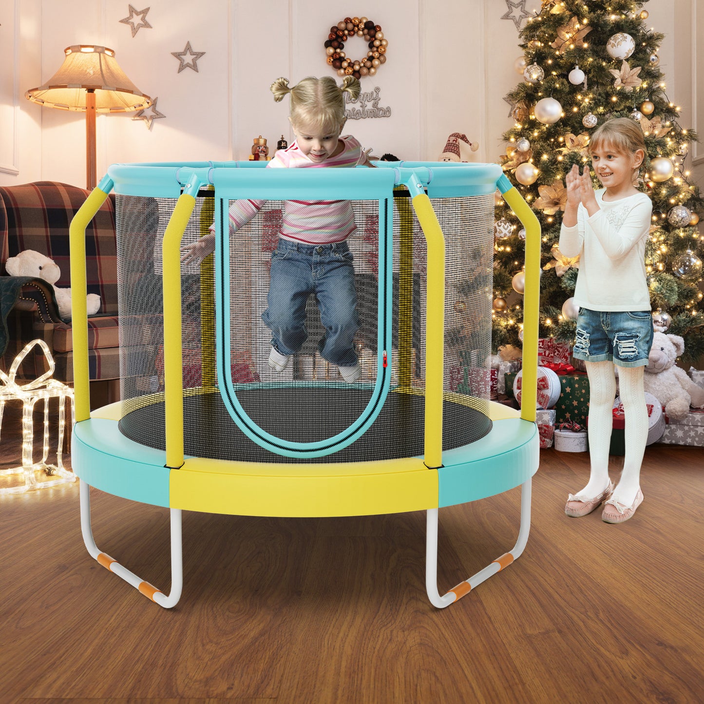 Mini Trampoline with Enclosure and Heavy-duty Metal Frame-Yellow Kids Crystal