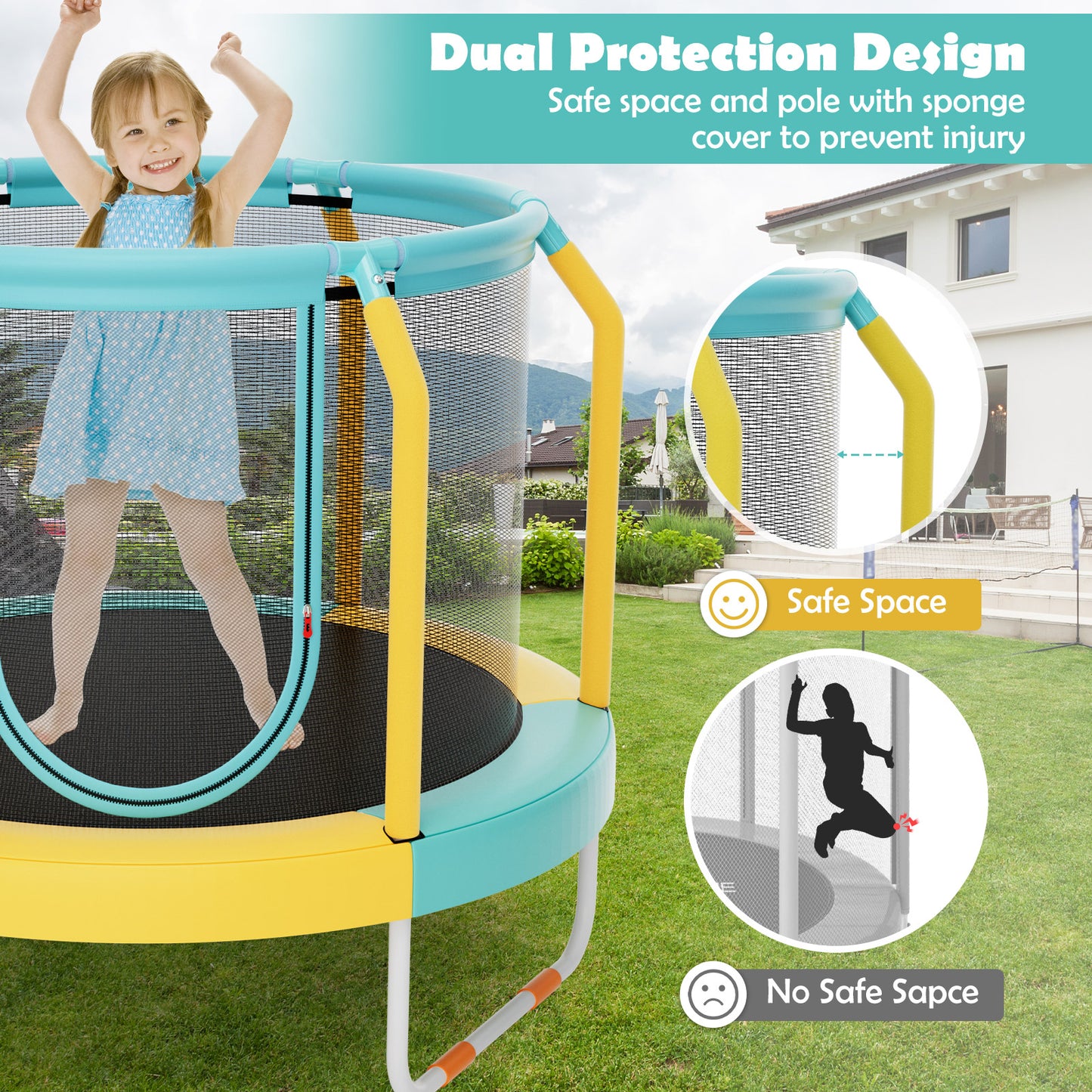 Mini Trampoline with Enclosure and Heavy-duty Metal Frame-Yellow Kids Crystal