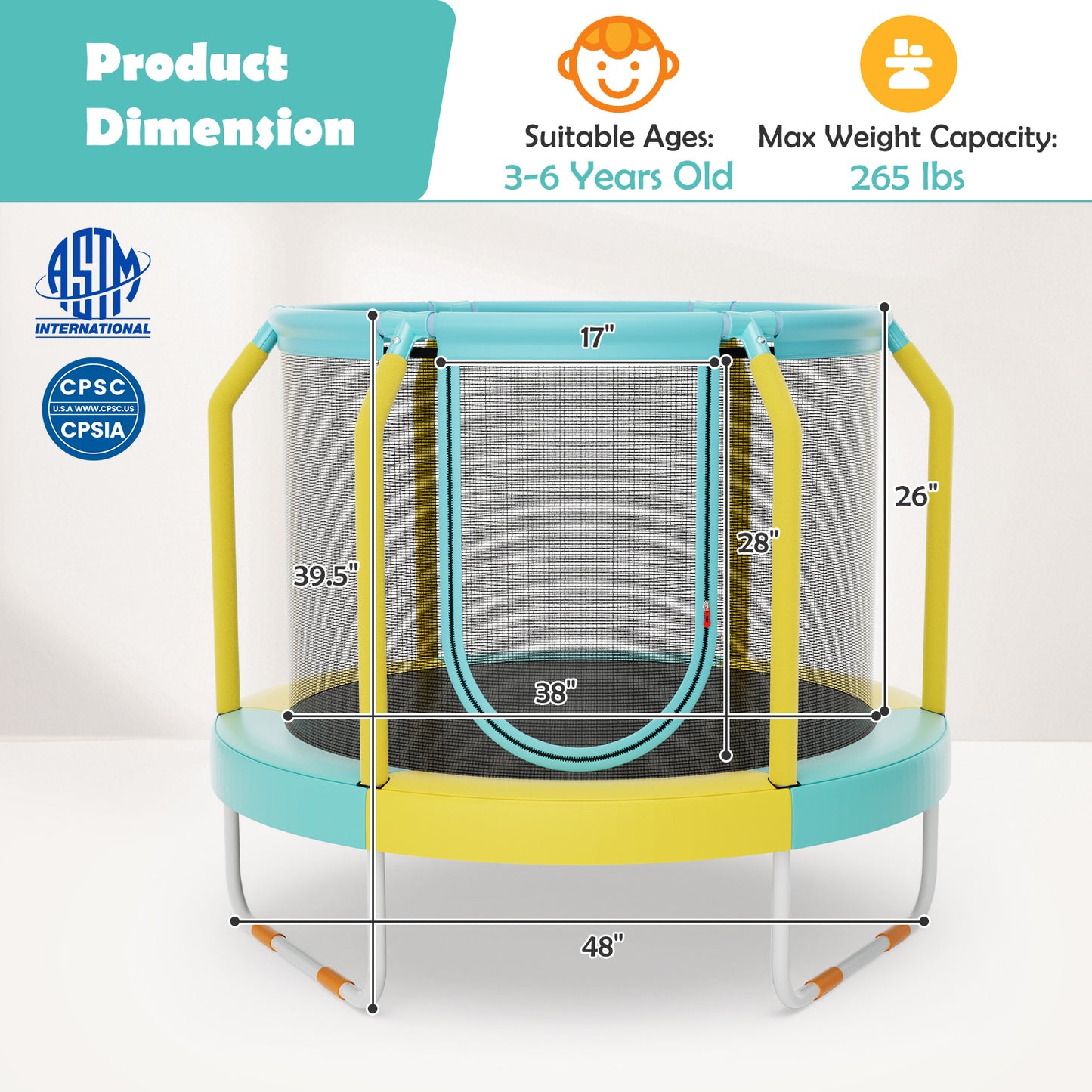 Mini Trampoline with Enclosure and Heavy-duty Metal Frame-Yellow Kids Crystal