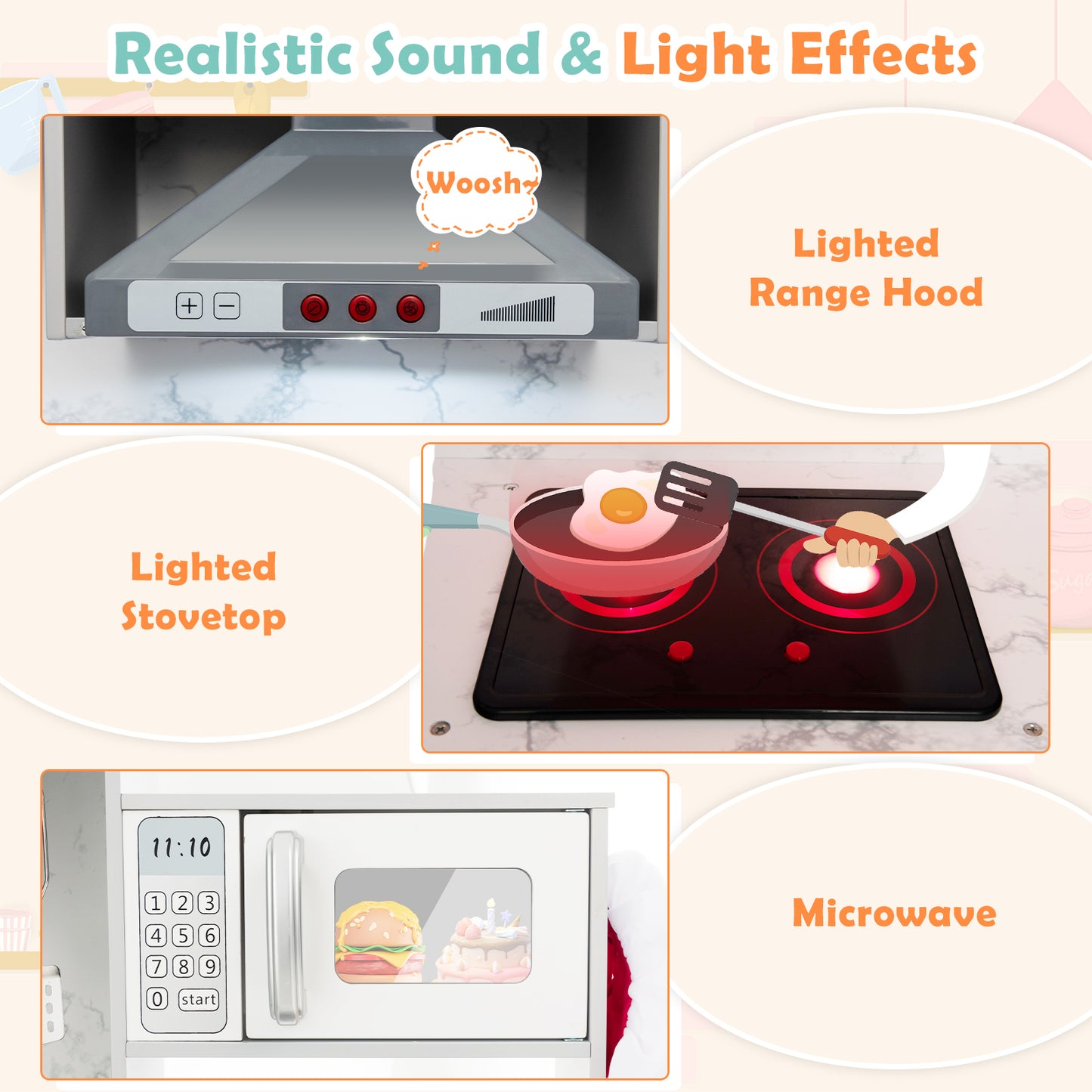 Wooden Kids Play Kitchen Playset with Realistic Lights and Sounds-Gray Kids Crystal