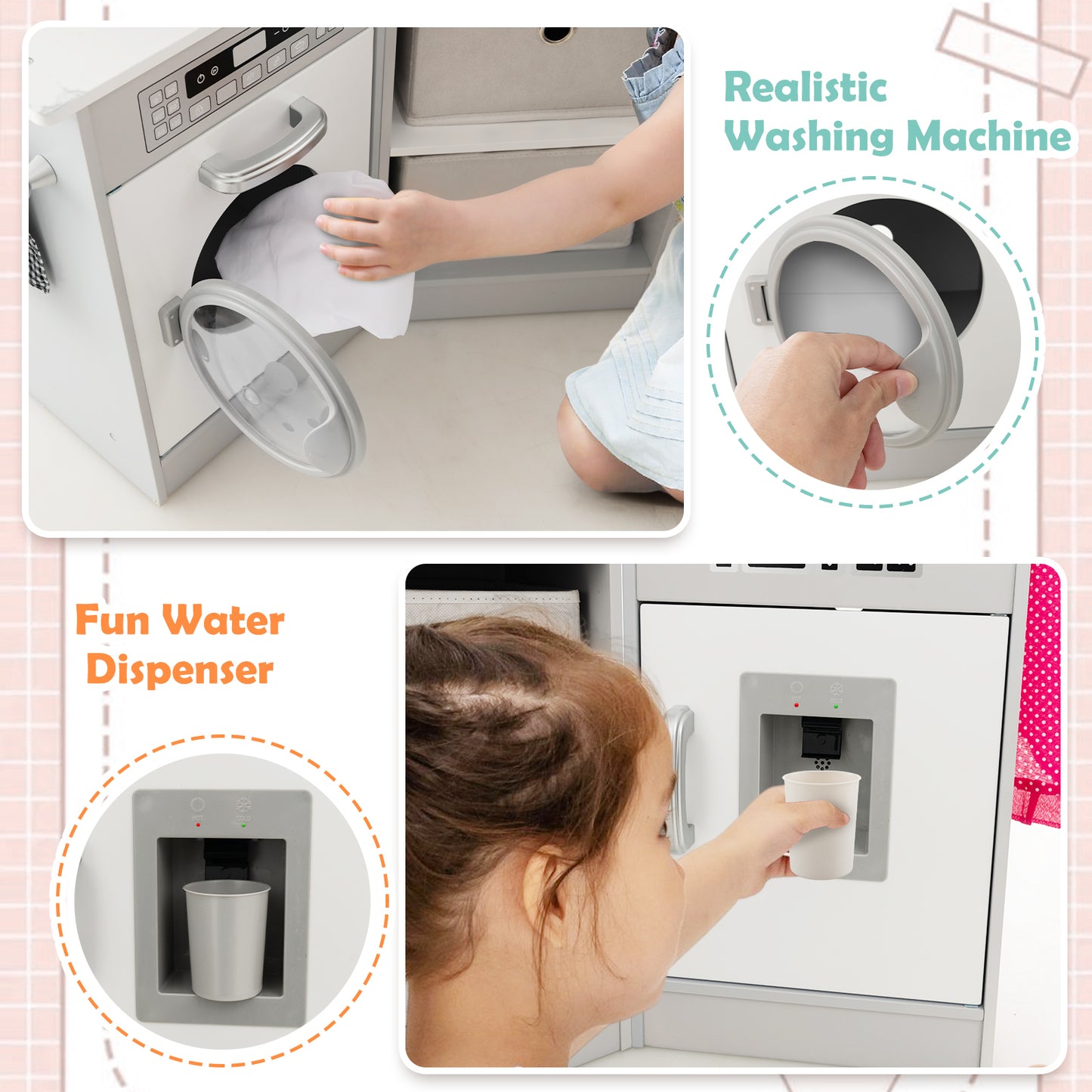 Wooden Kids Play Kitchen Playset with Realistic Lights and Sounds-Gray Kids Crystal