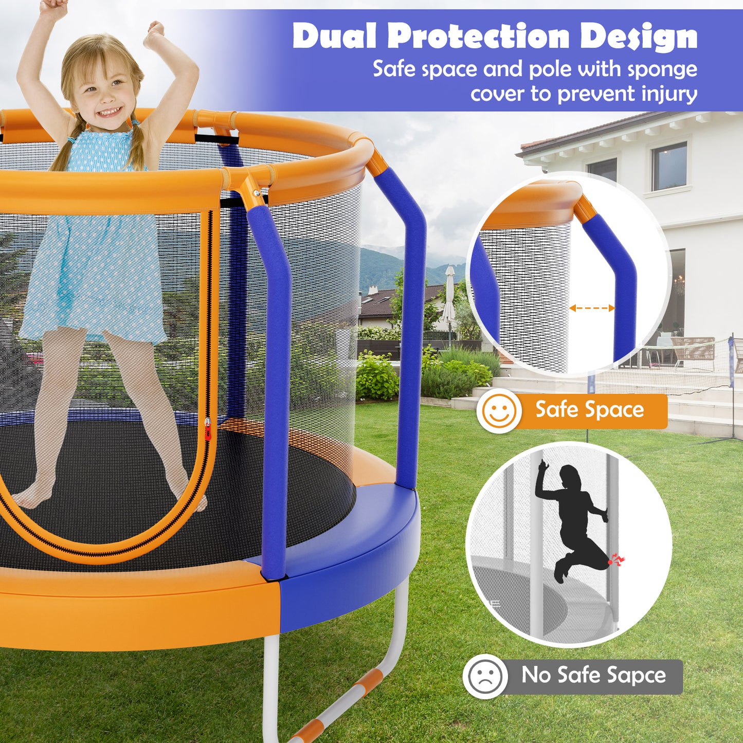 Mini Trampoline with Enclosure and Heavy-duty Metal Frame-Orange Kids Crystal