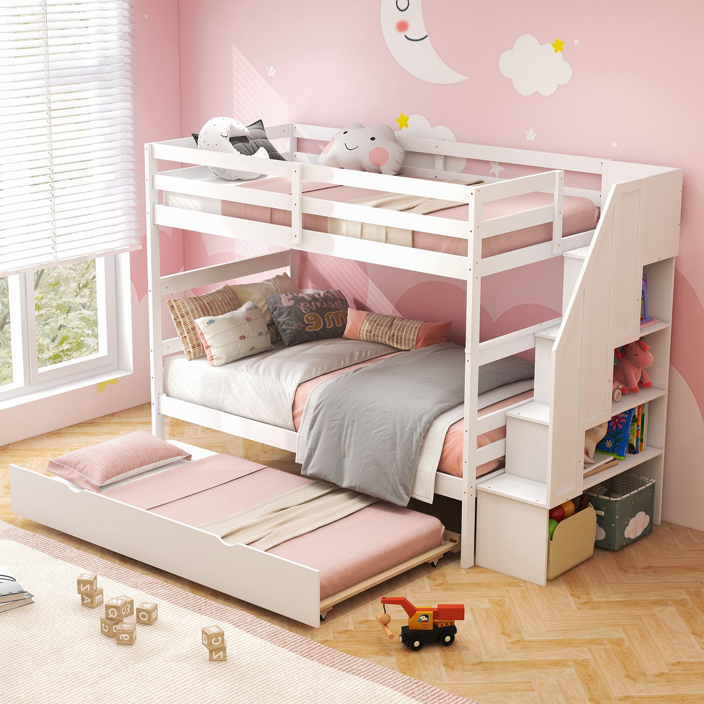 Home Wood Bunk Bed with Guard Rail and 4-step Storage Stairs No Box Spring Needed-White Kids Crystal