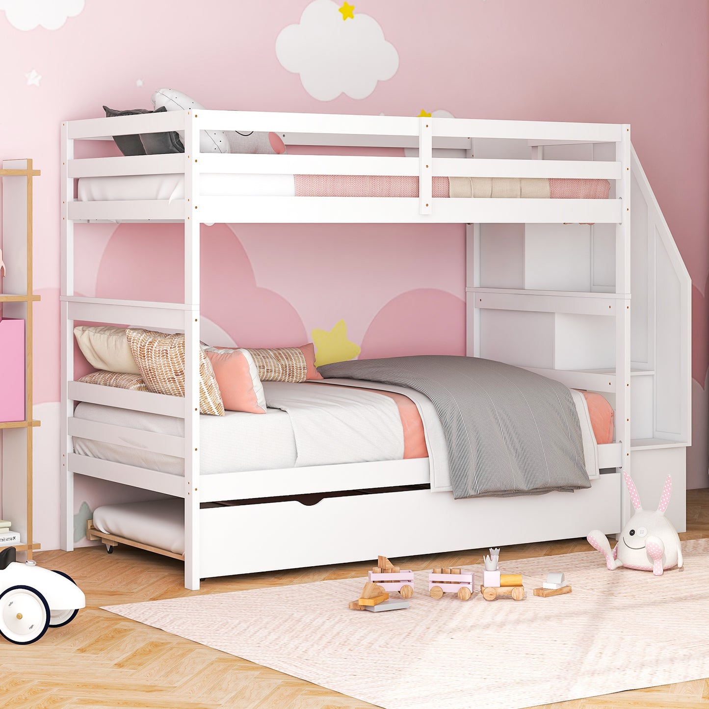Home Wood Bunk Bed with Guard Rail and 4-step Storage Stairs No Box Spring Needed-White Kids Crystal