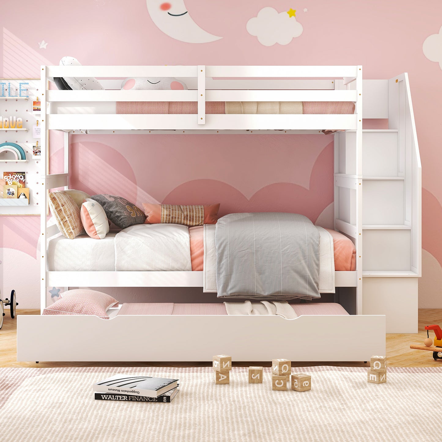 Home Wood Bunk Bed with Guard Rail and 4-step Storage Stairs No Box Spring Needed-White Kids Crystal