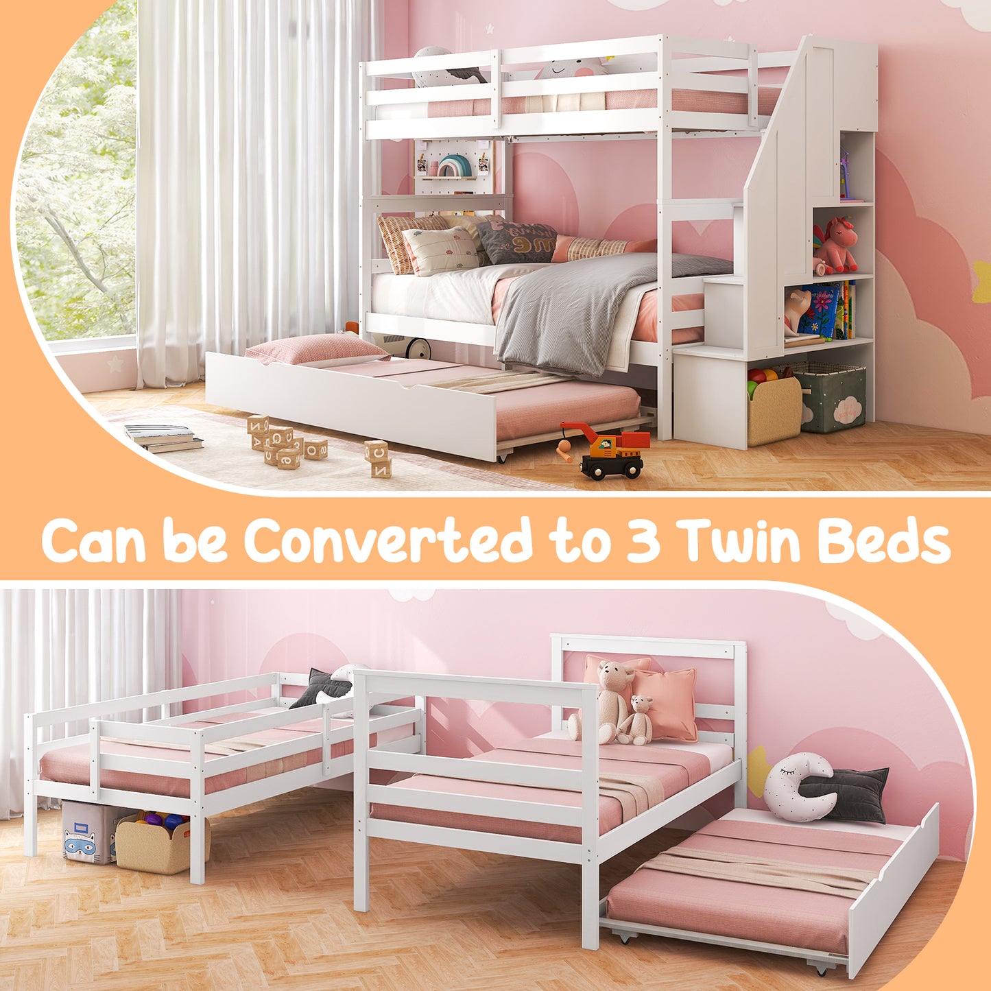 Home Wood Bunk Bed with Guard Rail and 4-step Storage Stairs No Box Spring Needed-White Kids Crystal