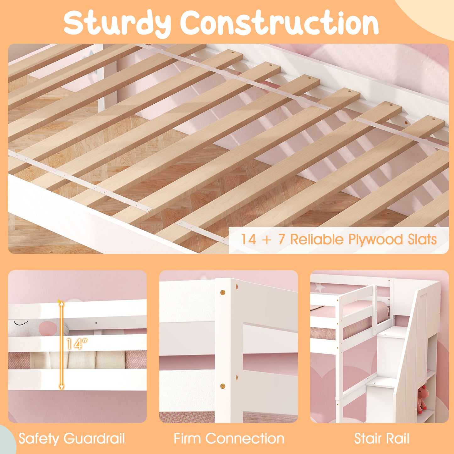 Home Wood Bunk Bed with Guard Rail and 4-step Storage Stairs No Box Spring Needed-White Kids Crystal