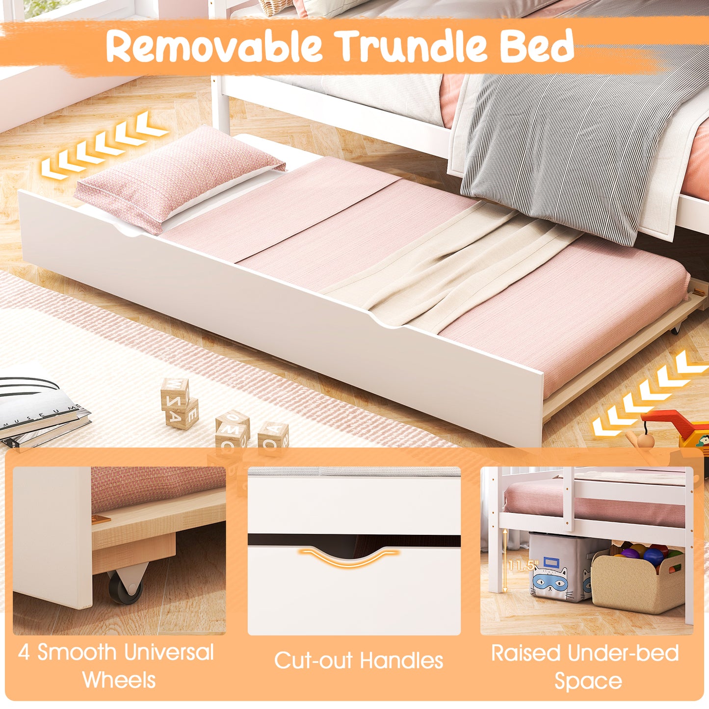 Home Wood Bunk Bed with Guard Rail and 4-step Storage Stairs No Box Spring Needed-White Kids Crystal