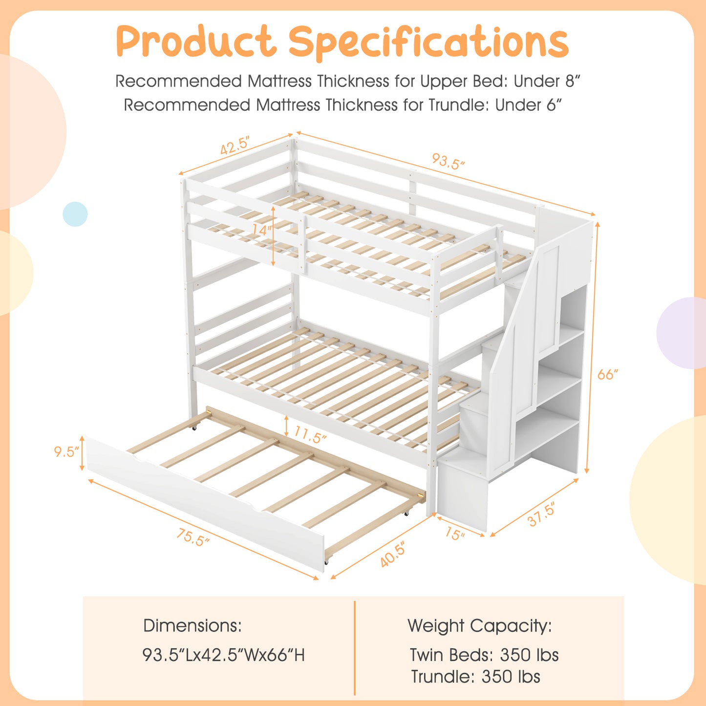Home Wood Bunk Bed with Guard Rail and 4-step Storage Stairs No Box Spring Needed-White Kids Crystal