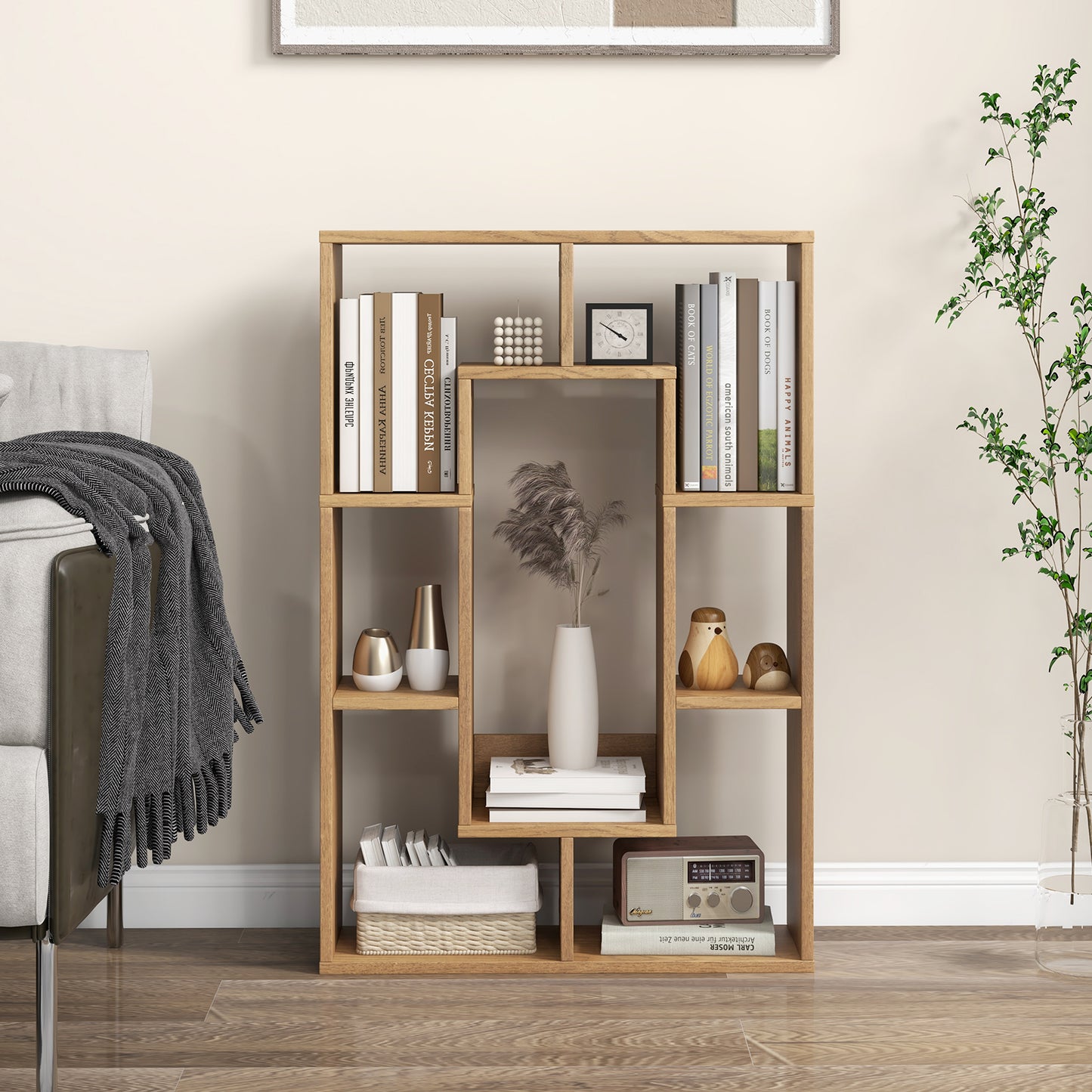 7-Cube Geometric Bookshelf Modern Decorative Open Bookcase-Natural Kids Crystal
